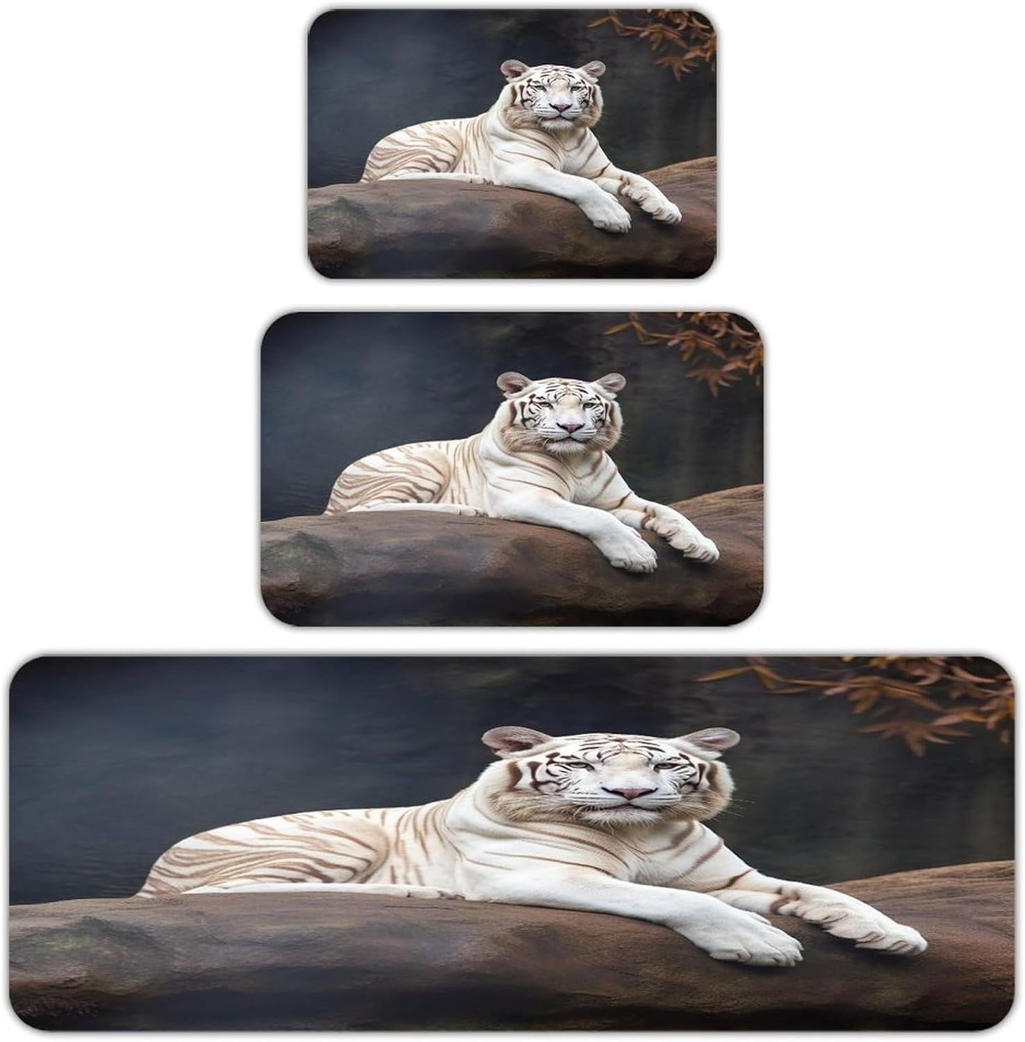 Albino Tiger Sitting on Rock Animal Kitchen Mat Set of 3 Waterproof Floor Mats Non-Slip Kitchen Rugs Premium Flannel Rug Heavy Duty Standing Mat for Kitchen Home Bathroom Laundry