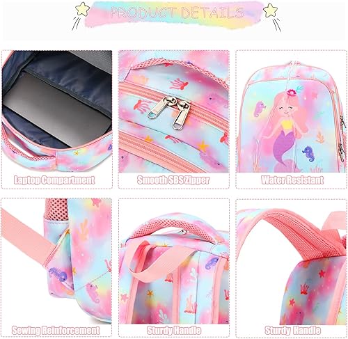Miniatura 5 de Mochilas para niñas, mochila de sirena con bolsa de almuerzo, caja de lápices para niños, mochila preescolar, juego de mochila para jardín de