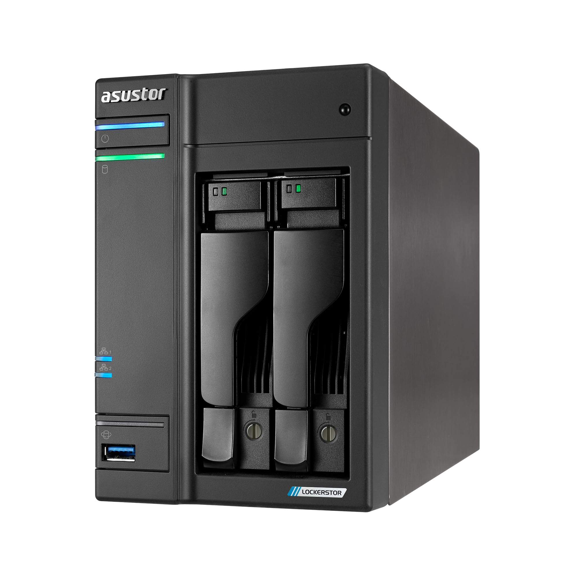 Asustor Lockerstor 2 Gen2+ AS6702T v2 2 Bay NAS, Intel Quad-Core CPU, Dual 5GbE Ports, 4GB DDR4, 4 M.2 SSD Slots, HDMI, Plex Media Server, Video