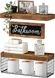 QEEIG Bathroom Decor Shelves Over Toilet - Farmhouse Decorations Aesthetic Décor Sign Small Wall Shelf 2+1 Set 16 inch, Ru...