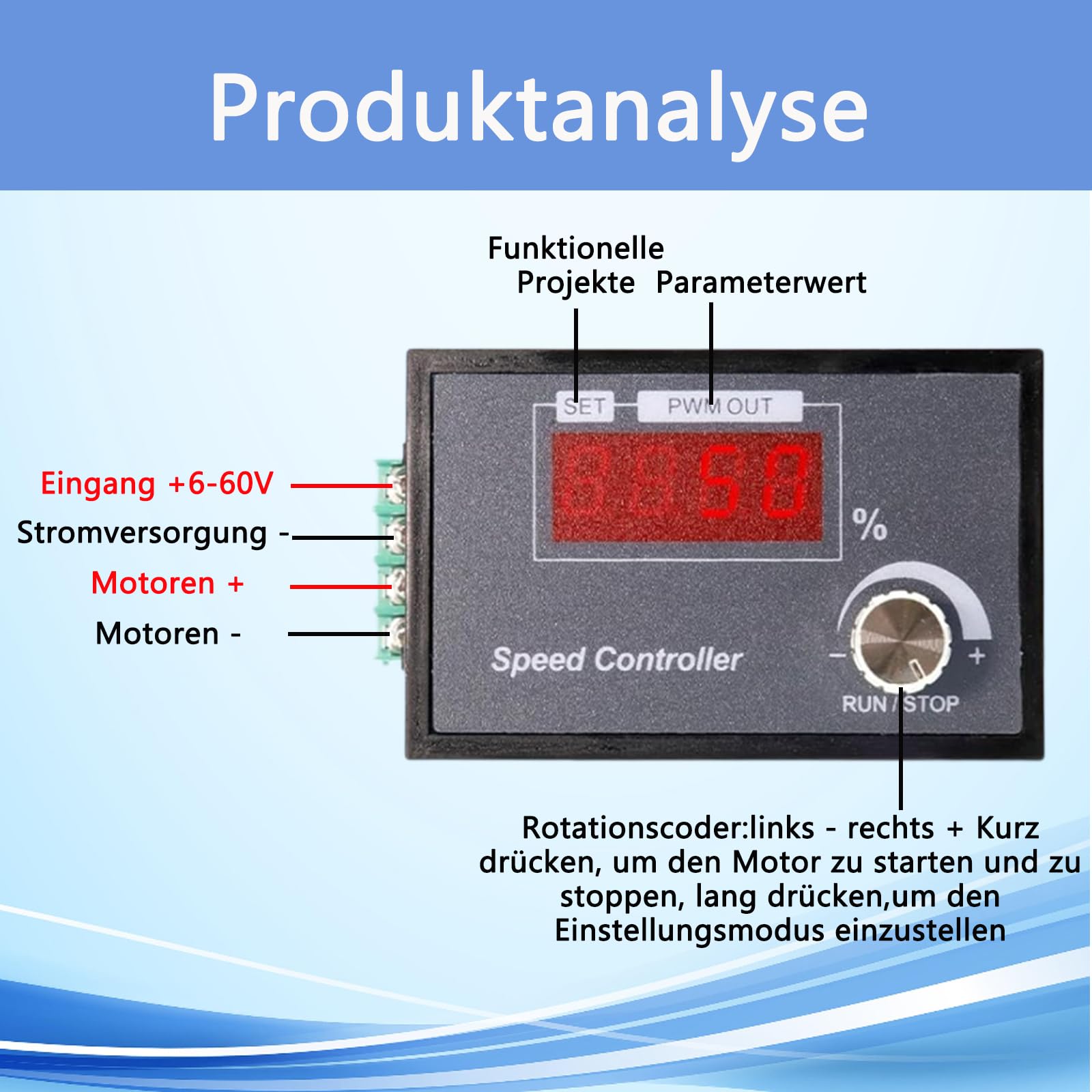 PWM Motordrehzahlregler, 6-60V 30A DC Motor Drehzahlregler, Motordrehzahlregler mit LED Numerische, Geschwindigkeit Einstellbarer Stufenloser Regler Motor Drehknopf