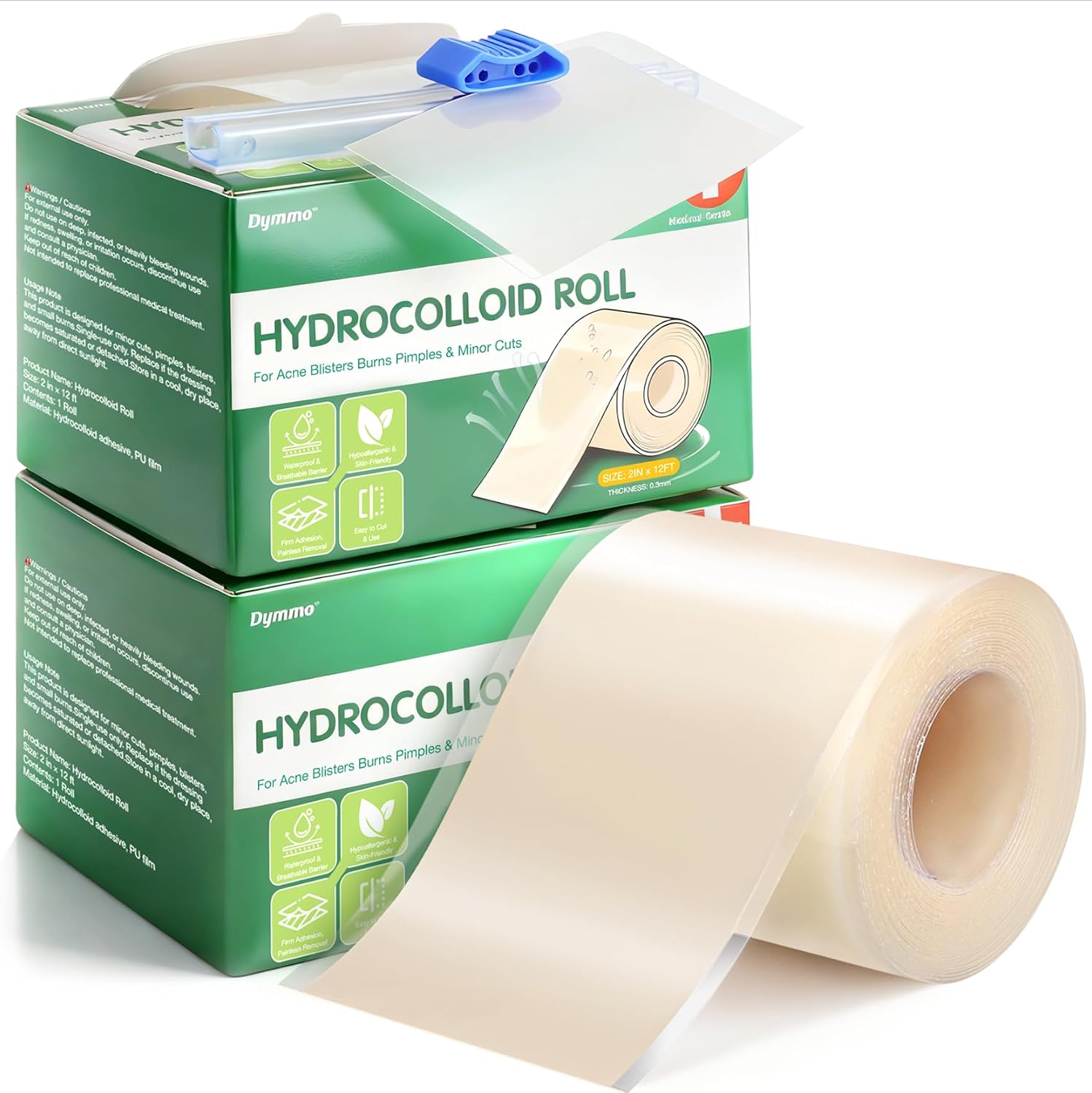Hydrocolloid Roll Bandage Waterproof Hydrocolloid Dressing Tape & Hydrocolloid Bandages for Wound Care, Flexible Cut-to-Fit Roll for Blisters, Burns, Acne & Minor Wounds (2 in x 12 ft x 2 roll)