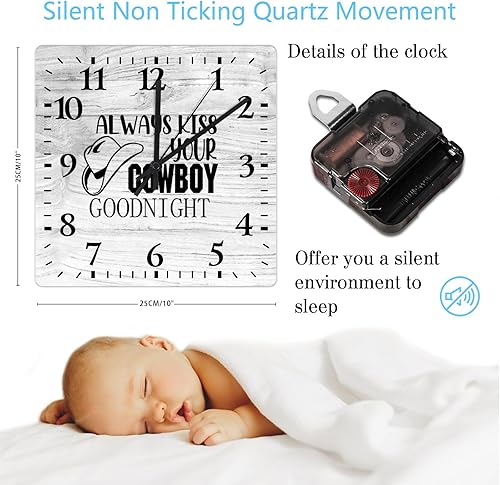 Miniatura 2 de Mighun Reloj de PVC con texto en inglés "Always Kiss Your Cowboy Goodnight", reloj de pared silencioso sin tictac, funciona con pilas, reloj