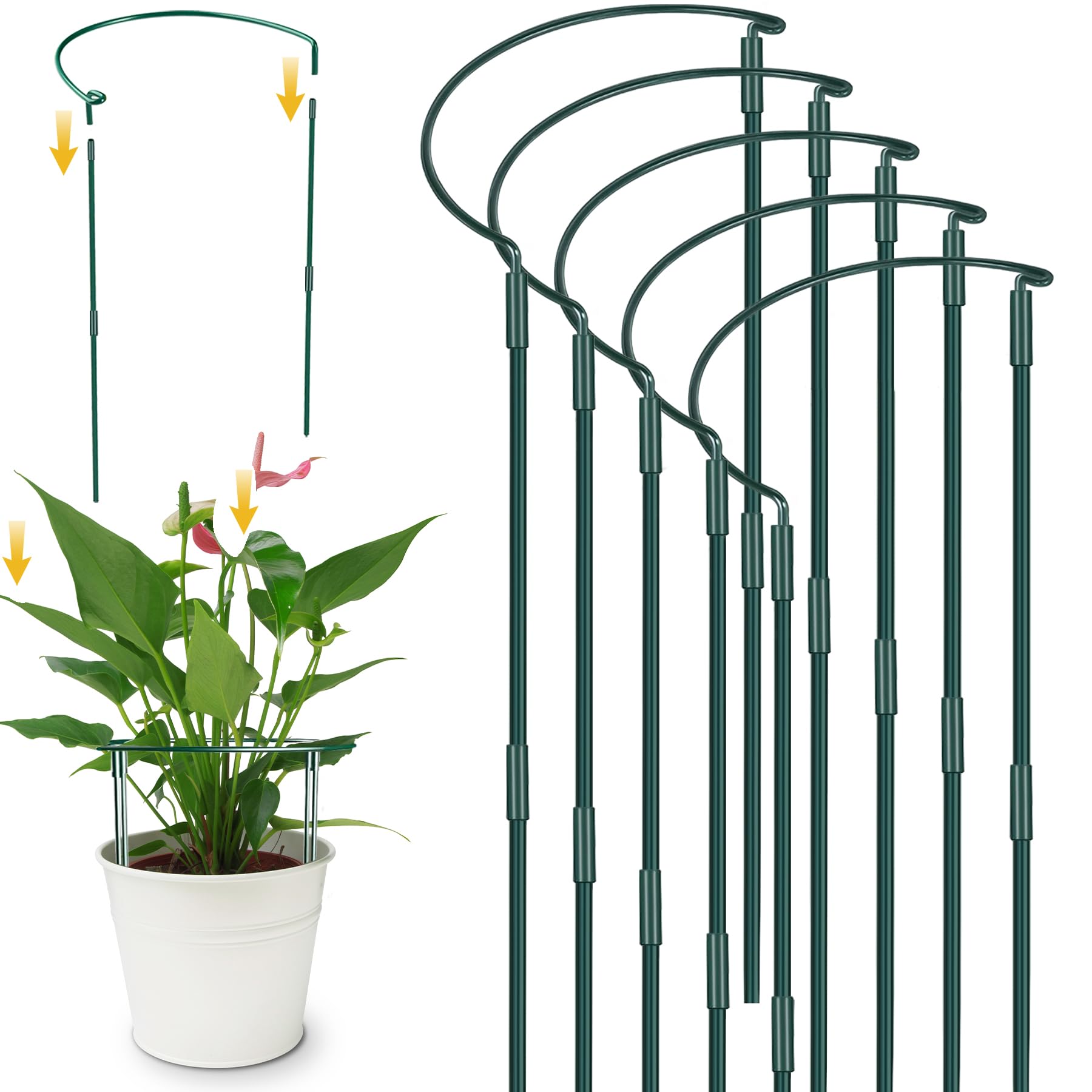 YeahBoom 5 Pezzi Pali di Supporto per Piante,25 × 60cm Regolabili Supporti per Piante Semitondi,Anello di Supporto per Piante,Semitondo Anello di Supporto,per Peonie, Vite, Piante Rampicanti Fiore