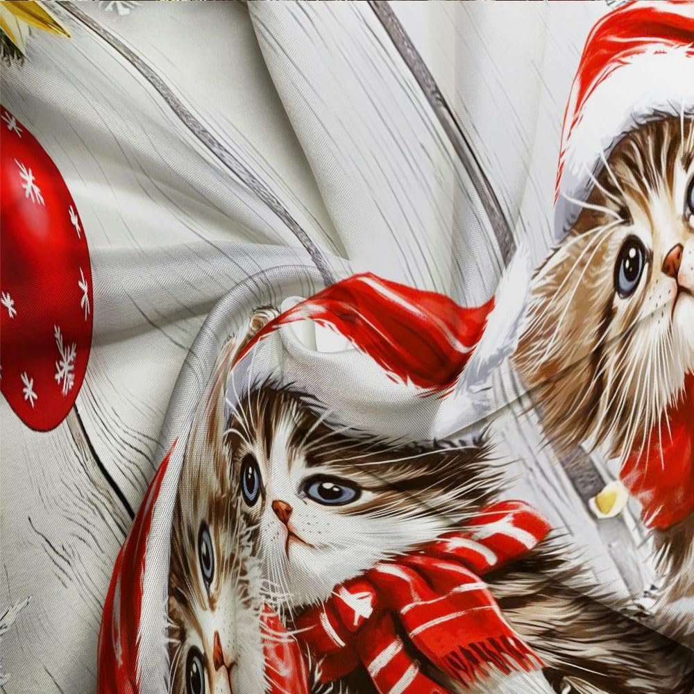 Winter Christmas Cat Shower Curtain Colorful Xmas Ball Pine Branches Snowflake Rustic Farmhouse Holiday Bathroom Polyester Fabric Curtains with Hooks 118Wx70H Inch