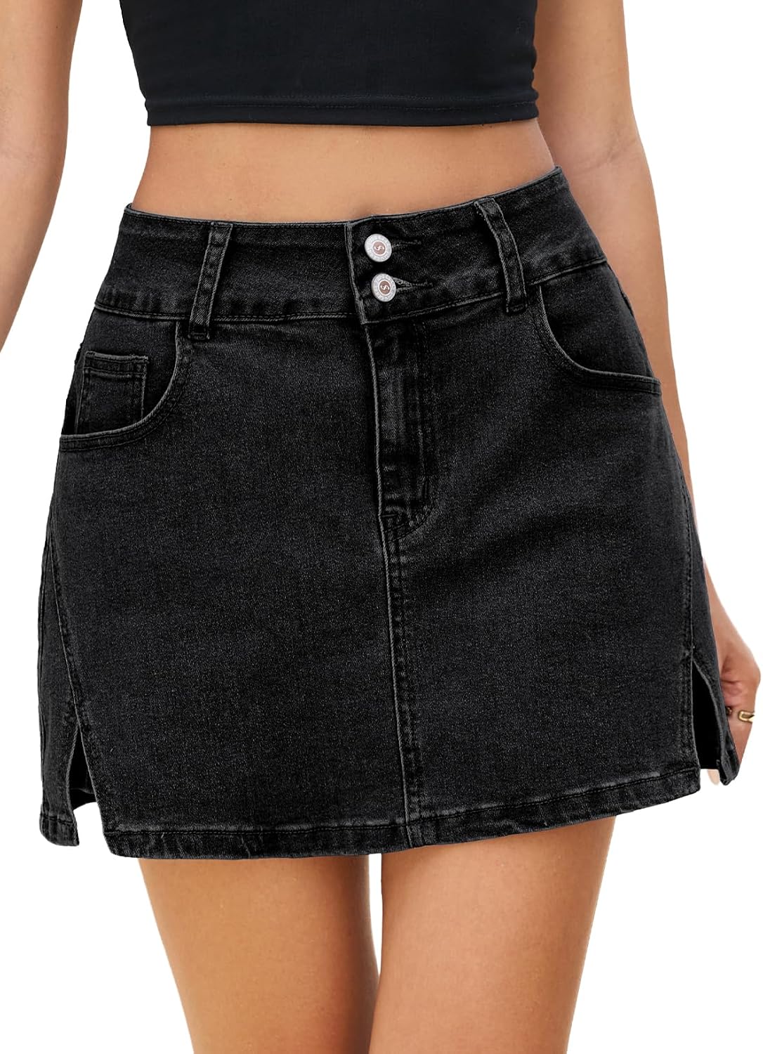 Sidefeel Jean Skorts for Woman High Waisted Casual Stretchy Jean Skirt Side Slit Mini Denim Skirt with Pockets