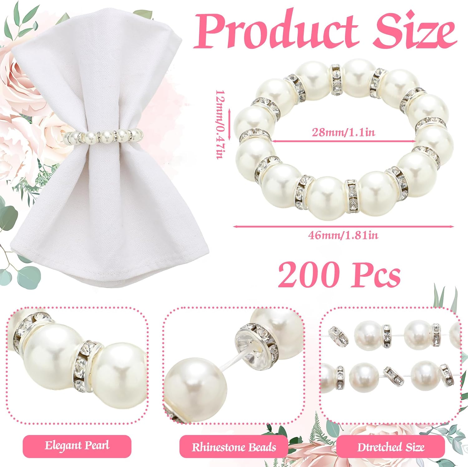 Uiifan 150 Pcs Pearl Napkin Rings for Wedding White Silver Napkin Ring Holder Imitation Beaded Elegant Rhinestone Serviette Buckles Bulk for Bridal Shower Table Decor Wedding Home Dinner Party
