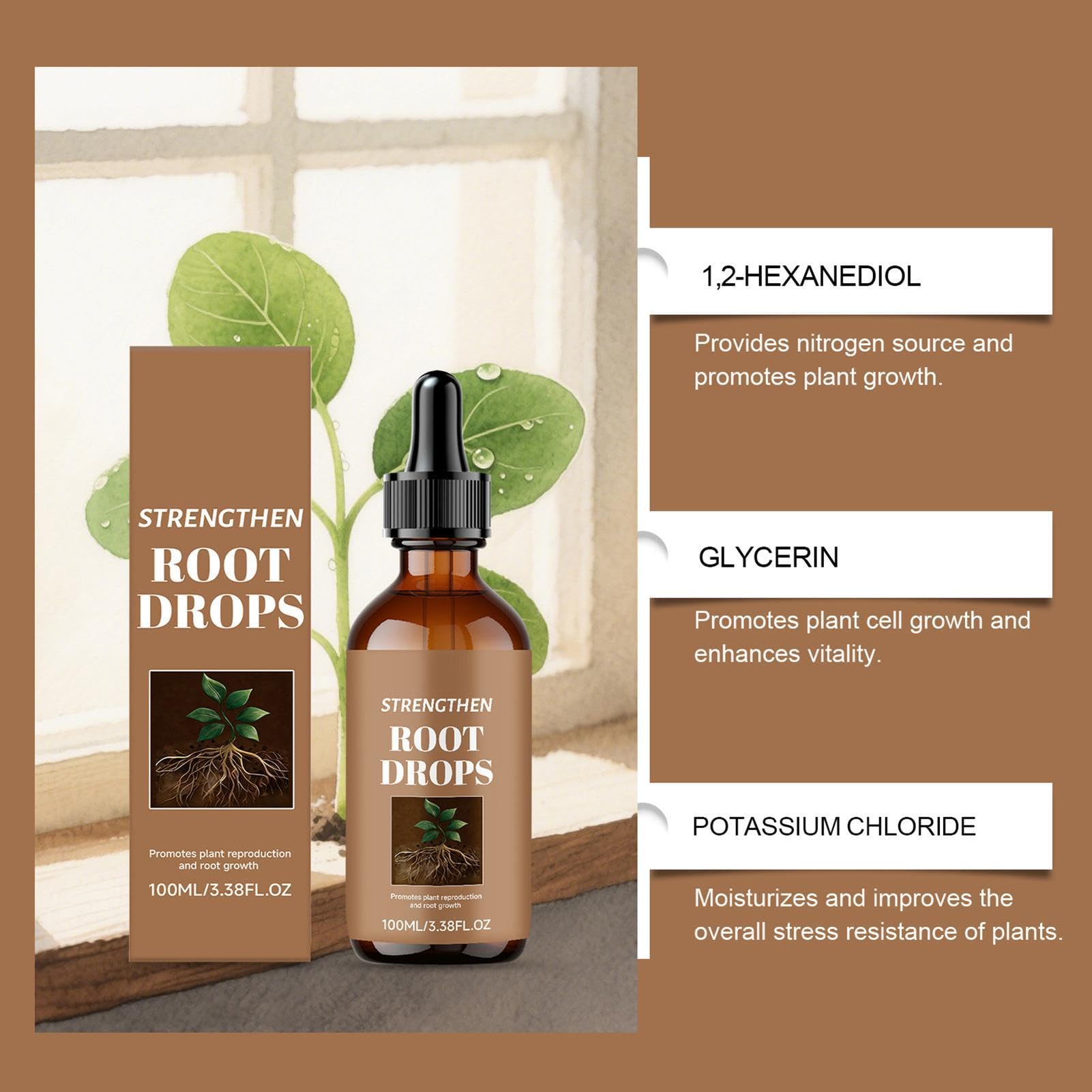Root Growth Drops, Plant Support Supplement, 100ml Liquid Root Booster with Nourishing Feature, Garden Fertilizer Solution, Hydroponic Plant Aid with Design, Indoor Outdoor Use for Bonsai Orchid