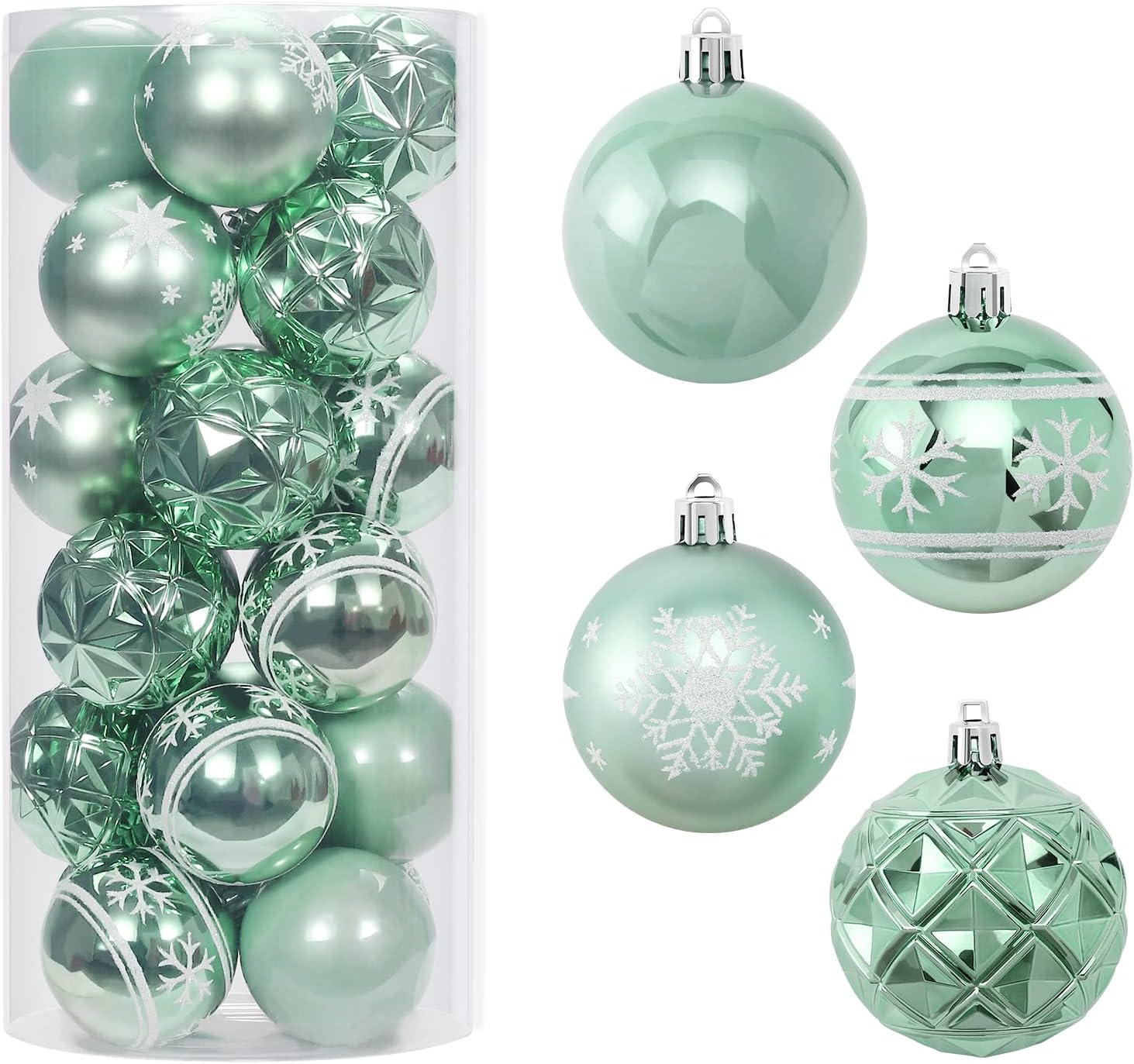RoseCraft 2.36"/60mm Hand-Printed Christmas Ball Ornaments Set，24PCS Shatterproof Christmas Tree Decor Decorative Set, for Home, Holiday, Thanksgiving Xmas Hanging Decortions - Light/Green.