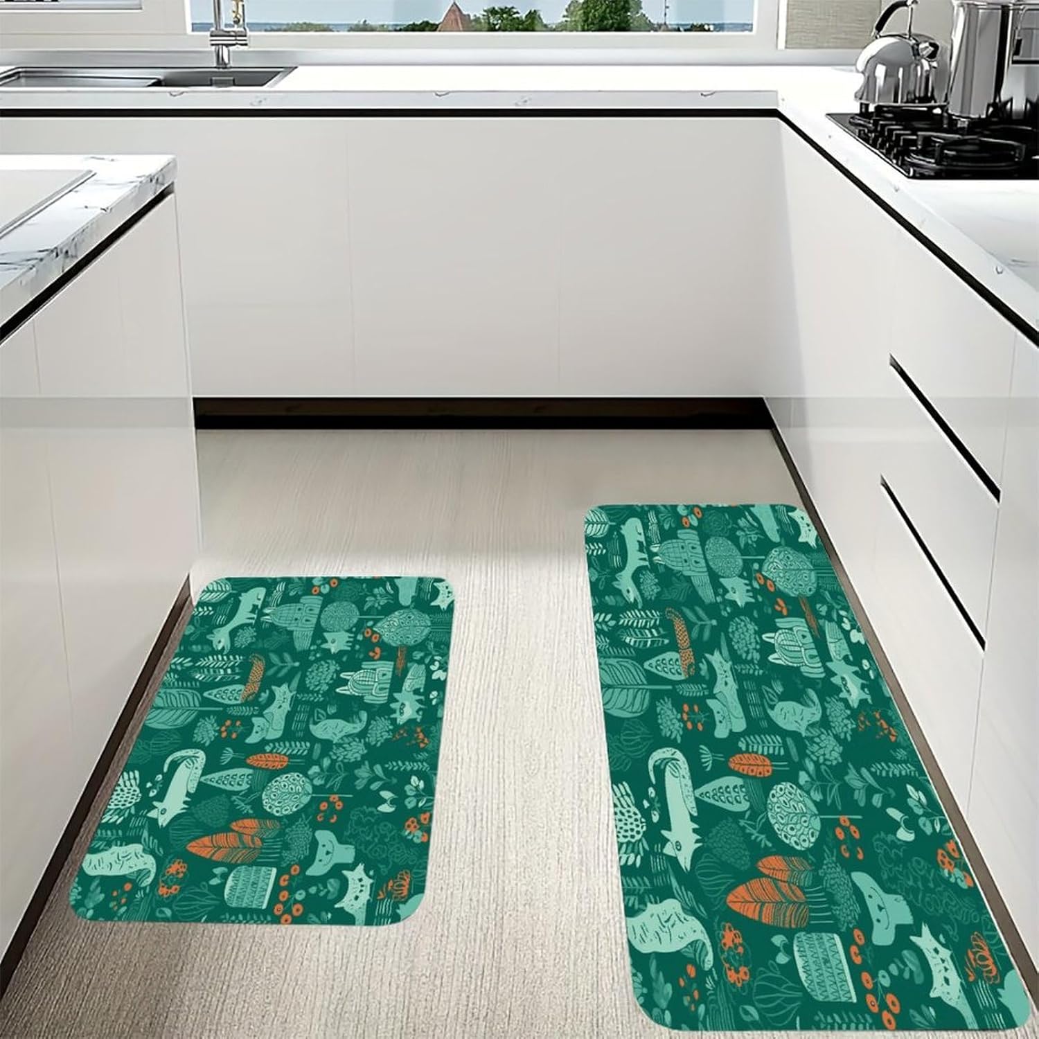 Green Animals Kitchen Mats with 2PCS Non-Slip Washable,Kitchen Rug Heavy Duty Durable, Floor Mats for Kitchen,Office,Sink,Laundry