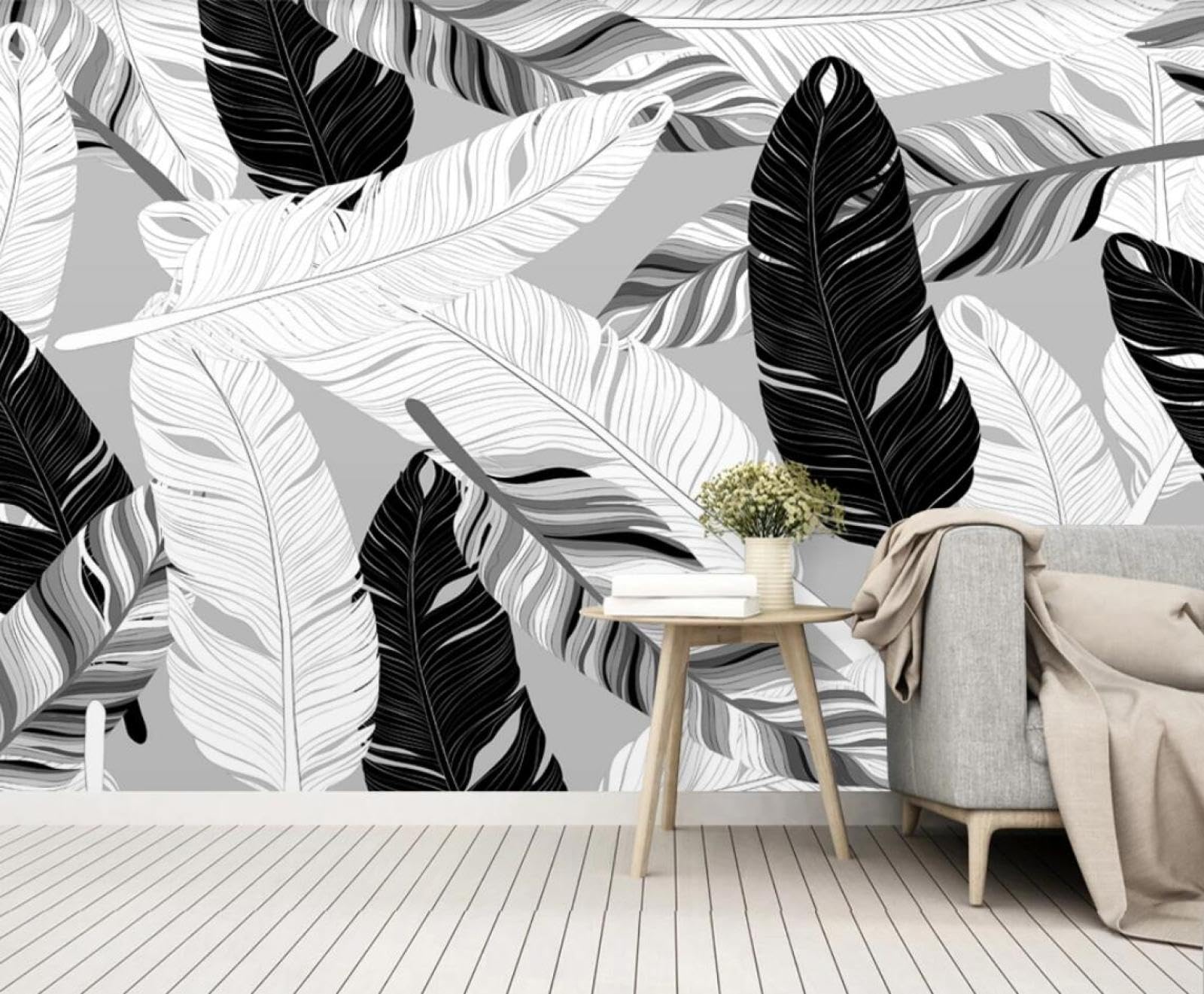 Papier peint panoramique plumes pour agrandir un salon moderne