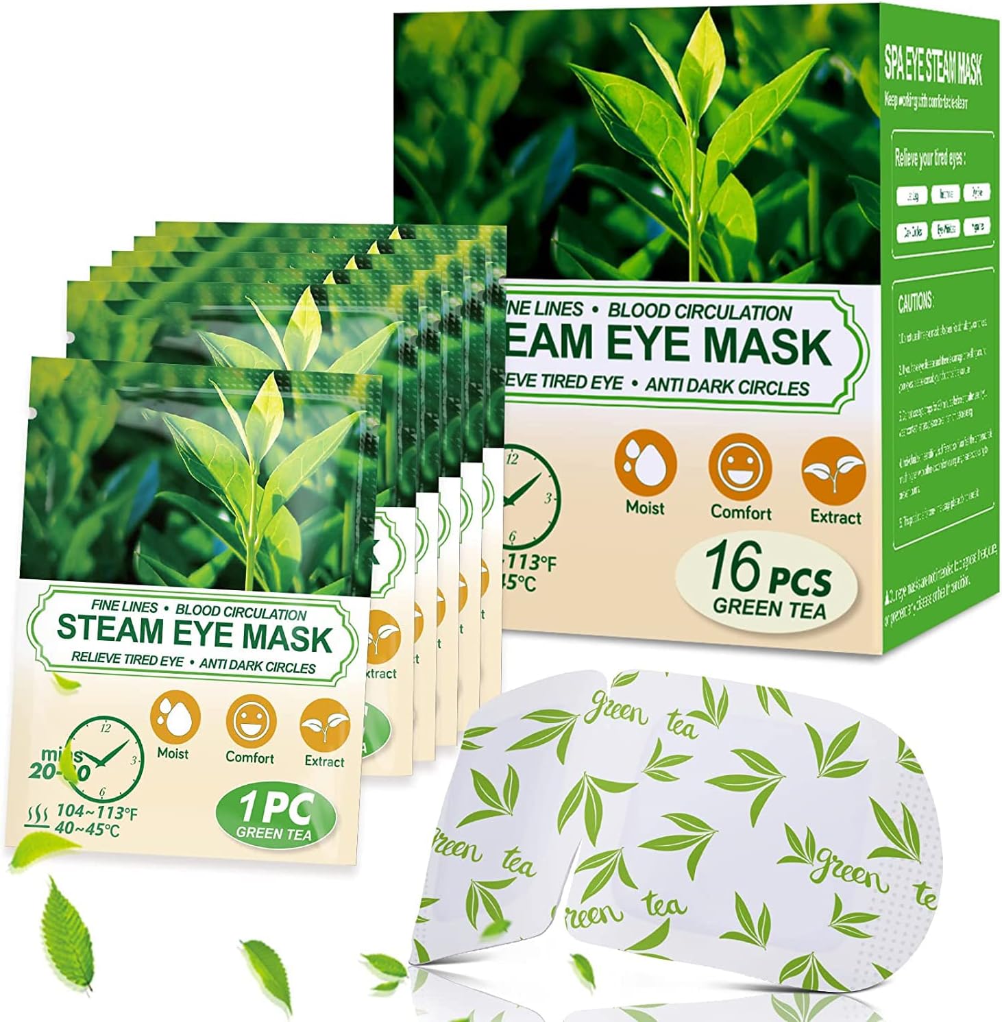 ProCIV16 Packs Steam Eye Masks for Dry Eyes, Green Tea Warm Eye Mask, Relief Eye Fatigue Hot Sleep Mask for Puffy Eyes Mask, Disposable Moist Heating Compress Pads for Sleeping, Self Heated Eye Mask
