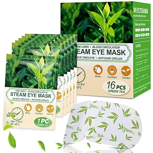 16 Packs Steam Eye Masks for Dry Eyes, Green Tea Warm Eye Mask, Relief Eye Fatigue & Puffy Eyes, Moist Heating Compress for Eyes, Self Heated Eye Mask, Disposable Travel Essentials & Relaxation Sets - Green Tea