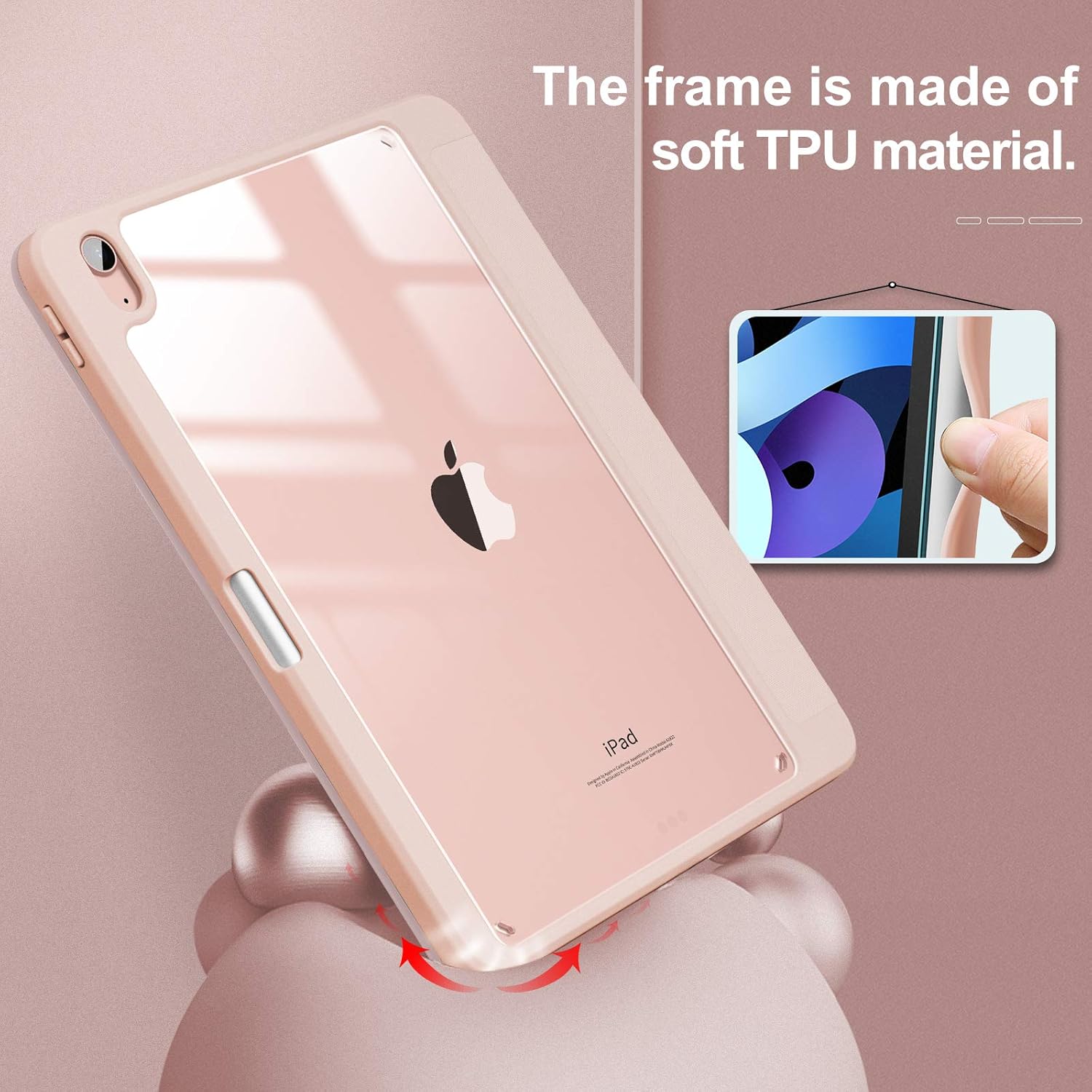 Black Friday Sale 2022 INFILAND Compatible with iPad Air Case 4th Generation (2020), iPad Air Case 5th Generation (2022) 10.9 inch with Pencil Holder & Clear Transparent Back [Support Pencil Wireless Charging] Pink