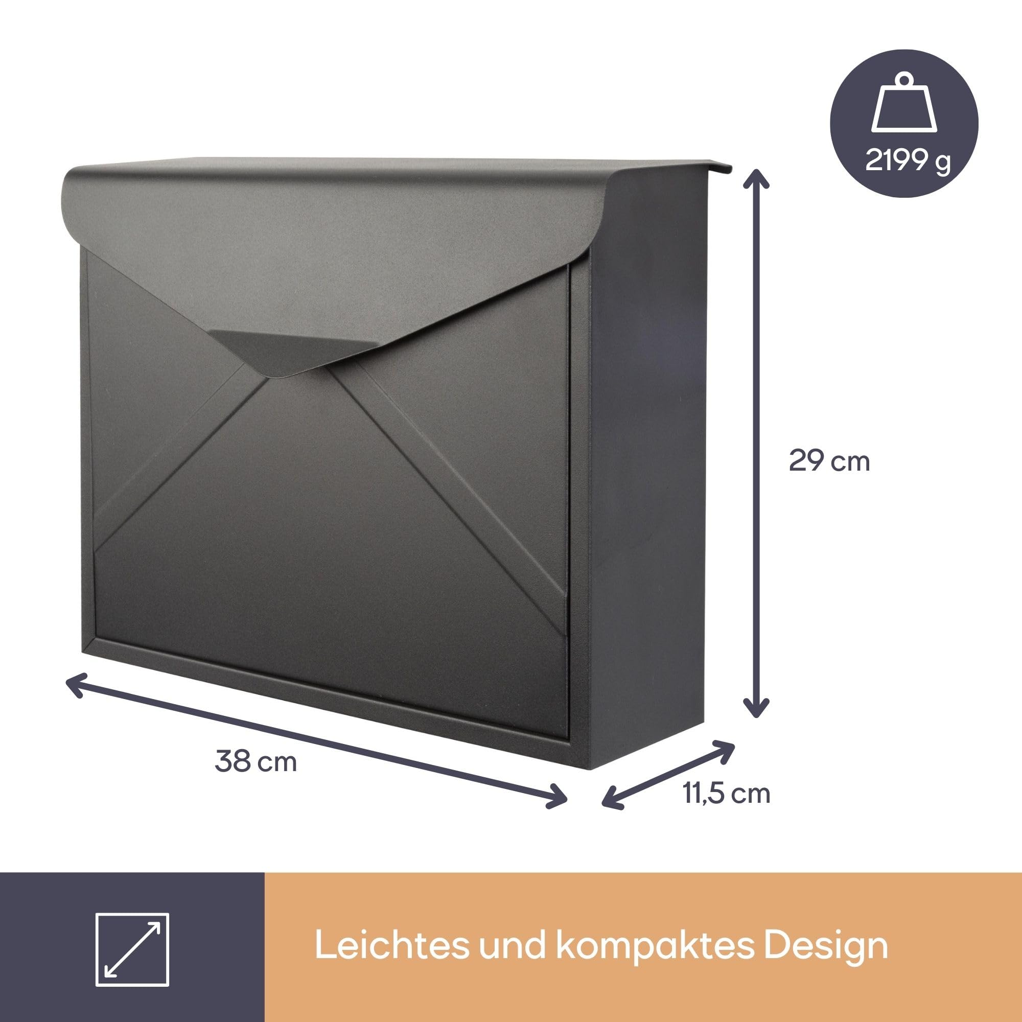 Perel Briefkasten Verona, Wandmontage oder freistehend, inkl. 2 Schlüssel, Abmessungen (H x B x T) 38 x 29 x 11.5 cm, in matten Schwarz