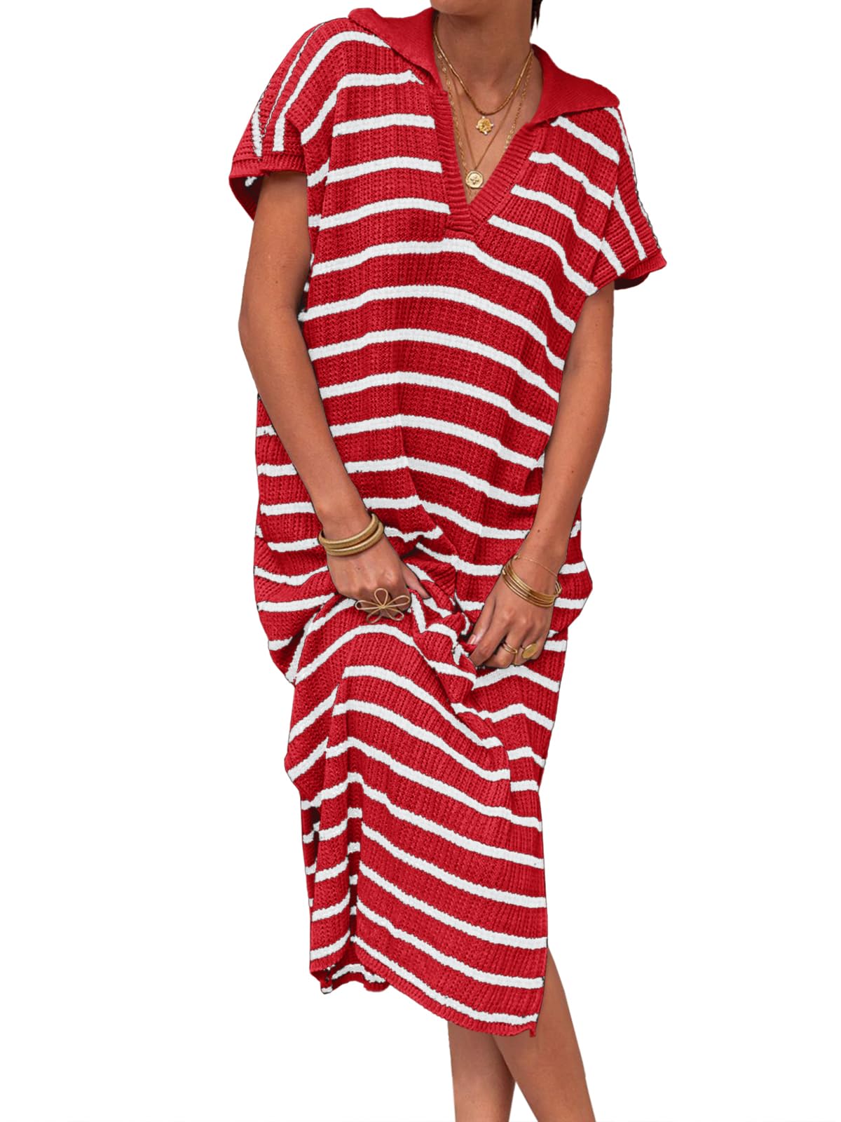Saodimallsu Womens Striped Summer Dresses Short Sleeve V Neck Knit Collared Sexy Slit Loose Maxi Sweater Dress