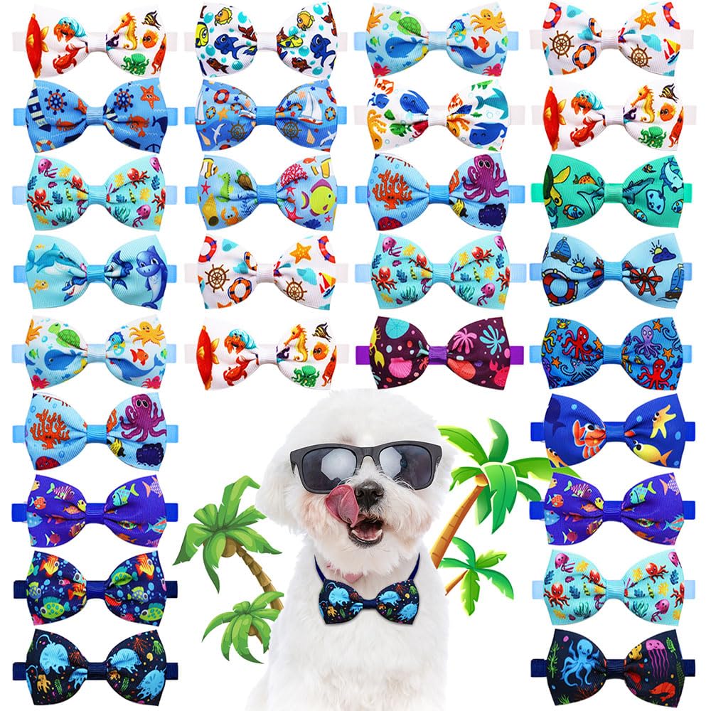 Mruq pet 20pcs Ocean-Themed Dog Bow Ties for Small Medium Dogs Adjustable Sea Pattern Dog Bowtie Necktie for Pet Grooming