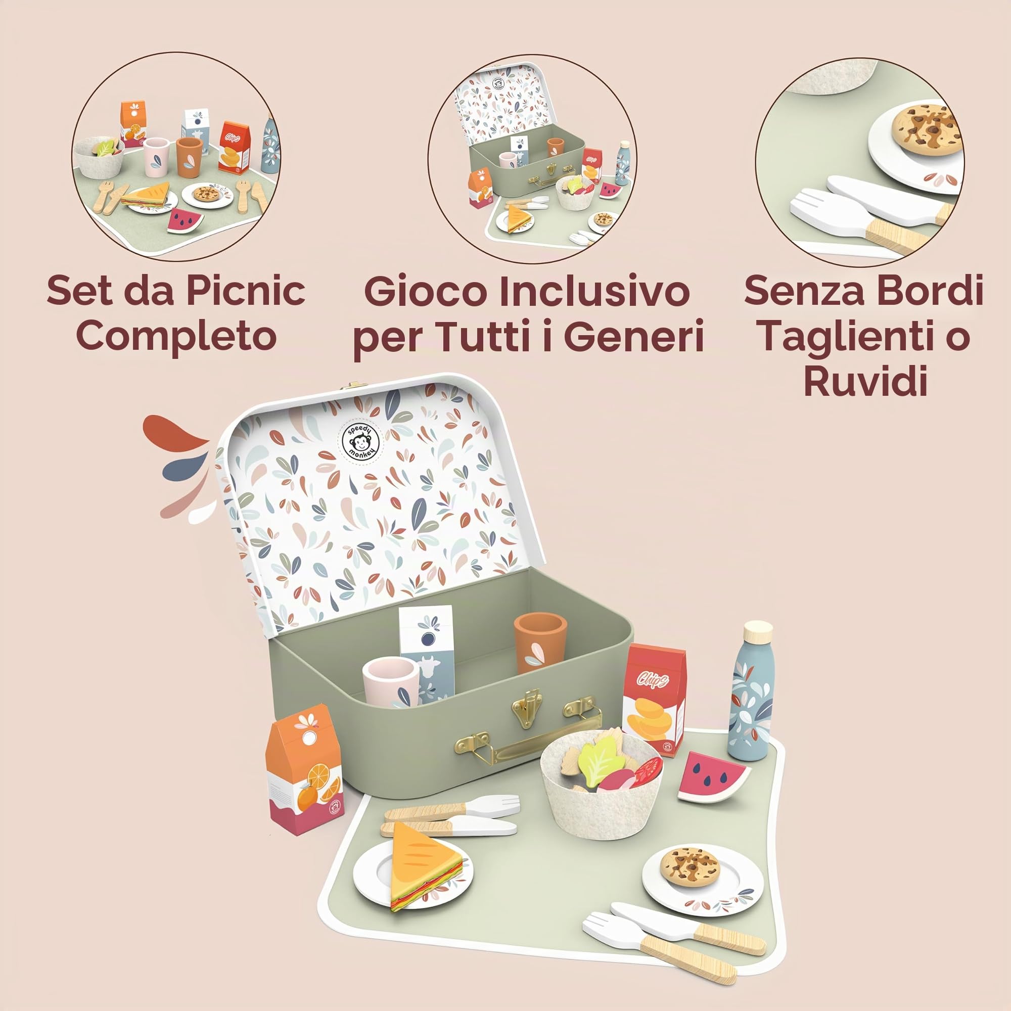 Speedy Monkey Cestino da picnic in legno, include piatti da gioco, ciotola in feltro, scatole per cibo e bevande, ottimo gioco di ruolo per ragazze e ragazzi di 2 anni, giocattoli per bambini e