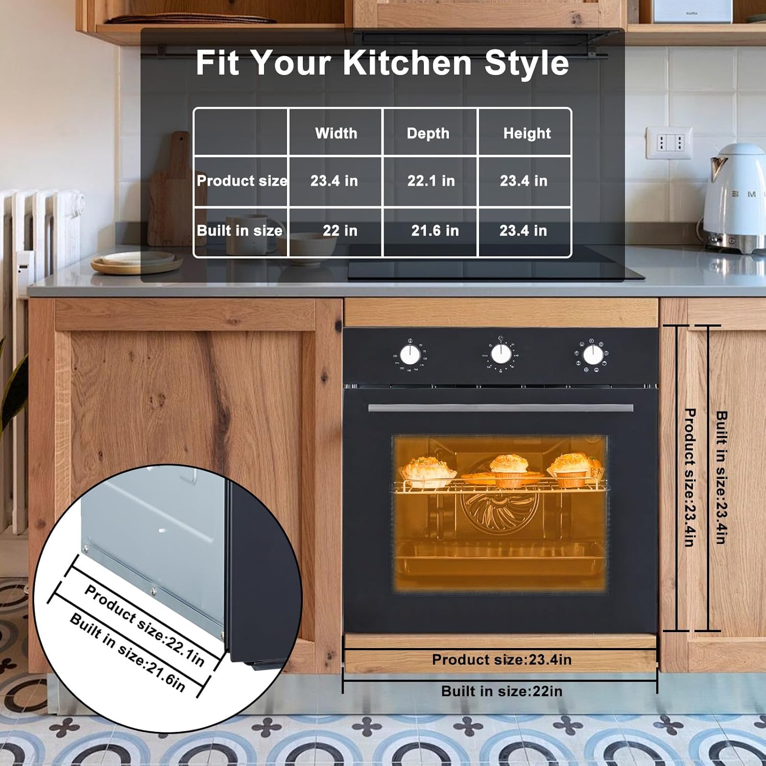 24 Inch Built-in Electric Single Wall Oven, 2.5 Cu.Ft Electric Oven with Convection Bake,8 Cooking Functions,3000w Fast Preheat & Defrost, Stainless Steel Interior,3 Layer Tempered Glass Door