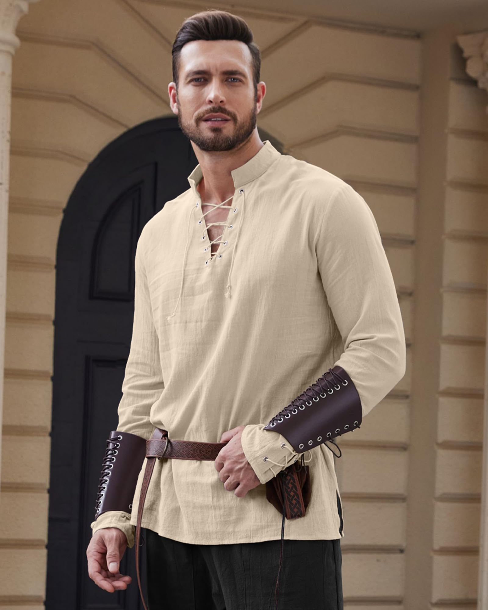 LVCBL Camicia Uomo Medievale in Cotone Lino con Lacci e Collo Coreano M-3XL