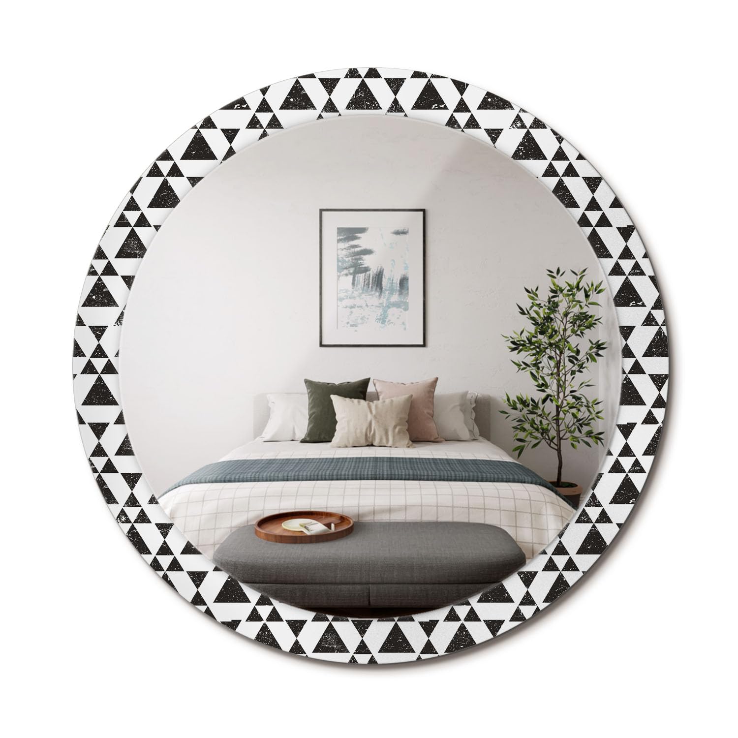 Miroir décoratif rond de prestige en verre imprimé géométrie fi90