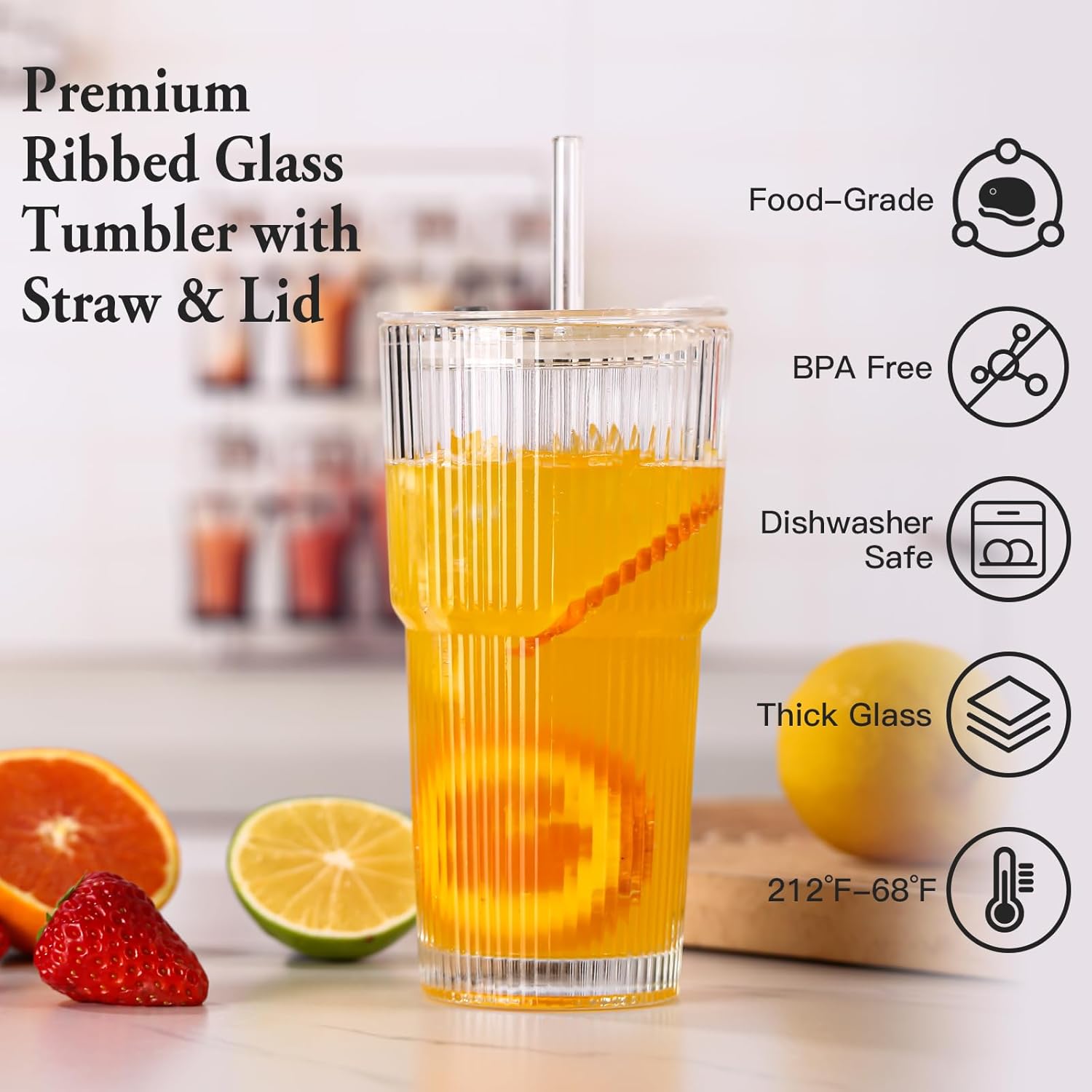 4PCS Ribbed Glass Cups with Lids and Straws, 20oz Vintage Drinking Glasses, Aesthetic Iced Coffee Cups, Glass Tumbler for Boba, Beer, Tea, Cocktails, Ribbed Glassware Set,Clear - Image 2