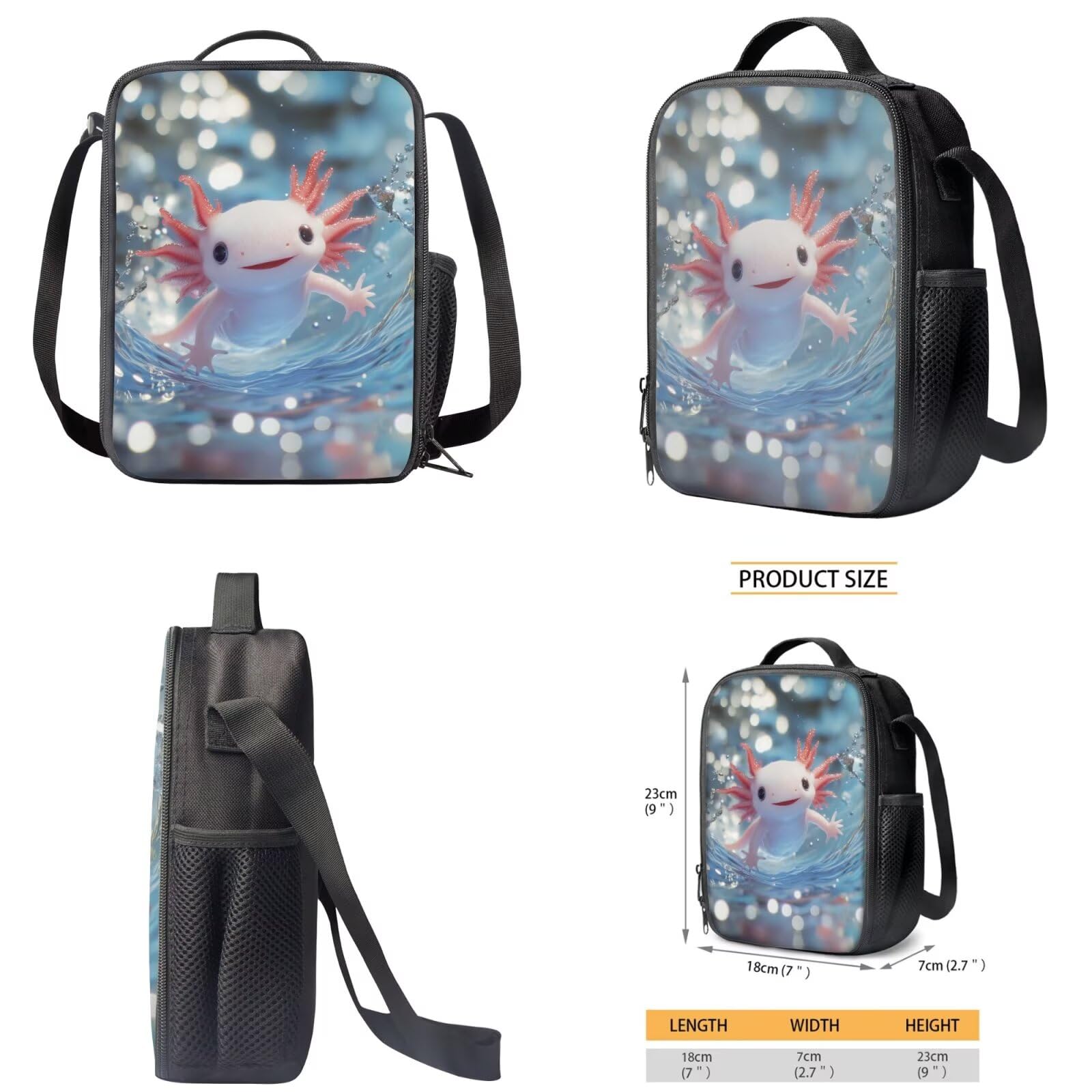 Kinder-Schultaschen, Rucksack, Lunchbox-Set mit Wasserflaschenhalter, Federmäppchen, 4-teiliges Set, Axolotl Wasserdruck, Einheitsgröße, Schulranzen-Set