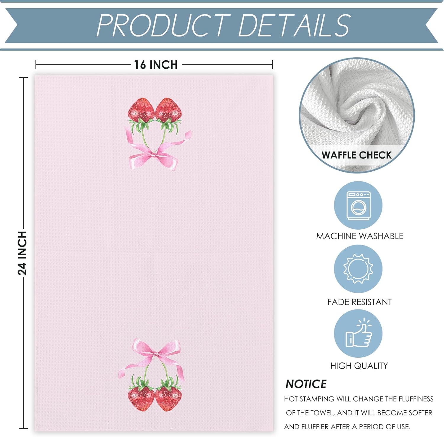 Strawberry Kitchen Towels Set of 2, Preppy Coquette Spring Summer Pink Bow Hand Dish Towels for Kitchen College Dorm Room Bathroom Decor, Strawberry Gifts for Women Girls,16x24 Inches - Image 7