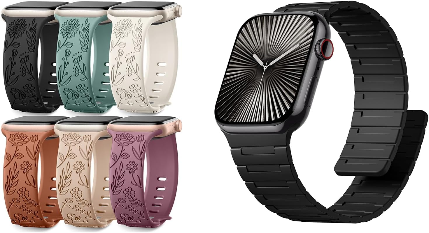 6 Pack Floral Engraved Bands & Magnetic Watchband Compatible with Apple Watch Bands for Men 44mm 45mm 46mm 49mm 42mm Men
