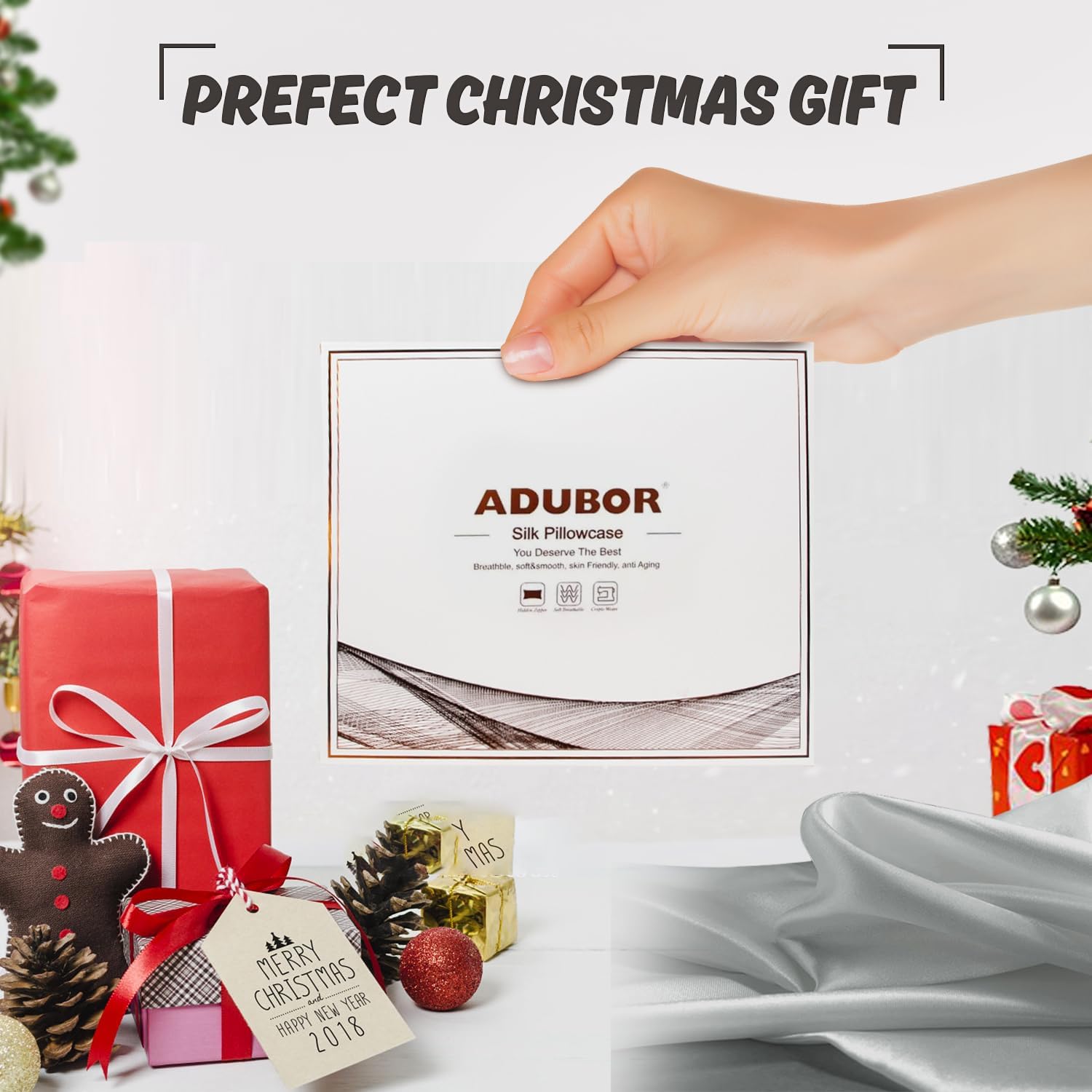 Adubor Silk Pillowcase 2 Pack for Hair and Skin with Hidden Zipper, Both Sides 23 Momme Silk Pillow Case (Dark Grey, Queen: 20''X30'')