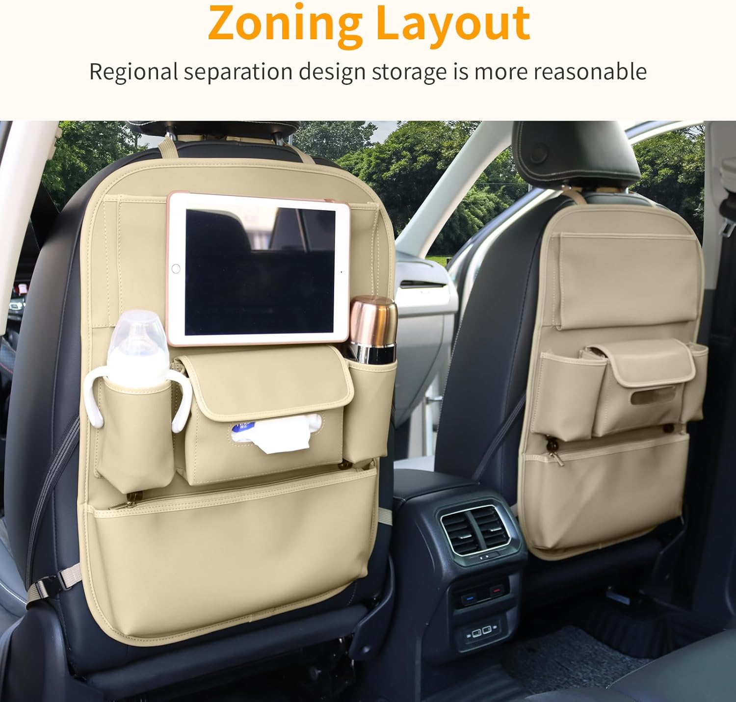 Viaviat Car Seat Organizers Waterproof Backseat Protector with Storage Pocket Large Leather Kick Mats for Kids Pets Automobile SUV Truck (Beige, Large Pocket)