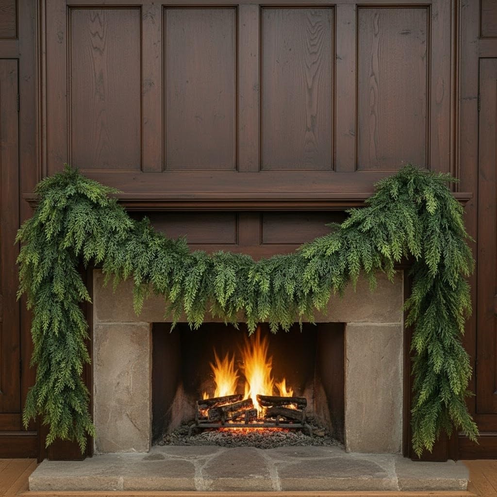 6FT Real Touch Cedar Christmas Garland – Extra Full Artificial Pine Greenery, Choose Density (45–162 Tips), Lush Green Garland for Fireplace, Staircase & Doorway Decor ((140) heads,9FT)
