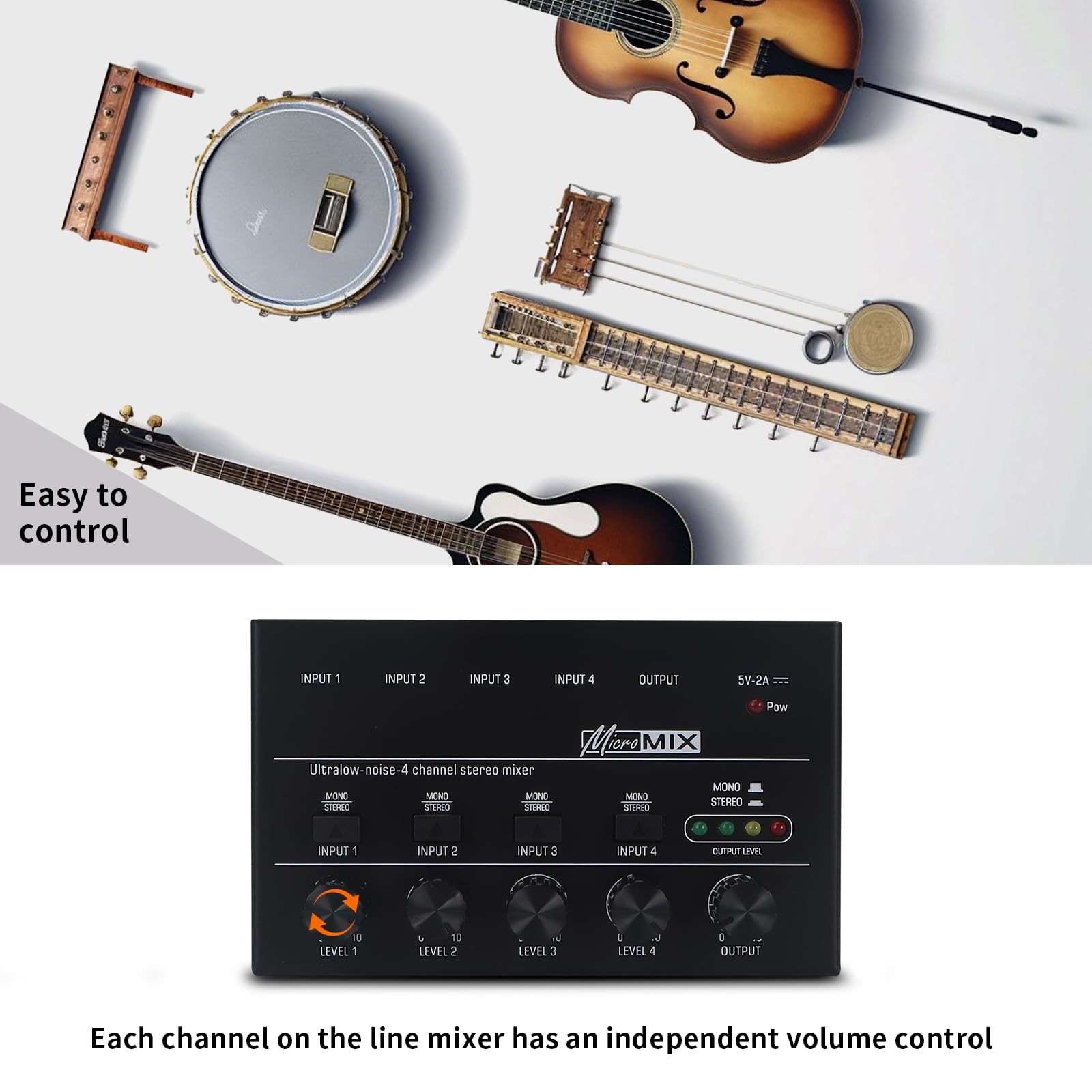 Horse Audio Mixer Line Mixer, 4-Channel Stereo Line Mixer for Sub-Mixing, Ultra Low Noise Operation, for Guitar, Microphone, Bass, Digital Keyboard, Suitable for Bar and Small Club, Black