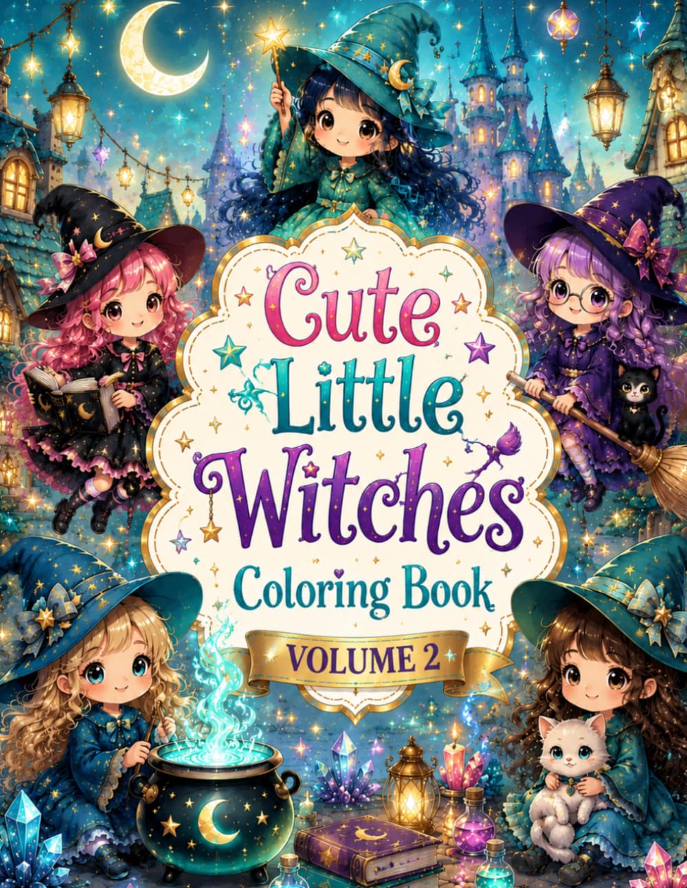 Cute Little Witches Coloring Book: Volume 2: Adorable Chibi Witch Character Coloring Pages for Kids and Toddlers - Big Simple Designs with Bold Thick Outlines and No Shading