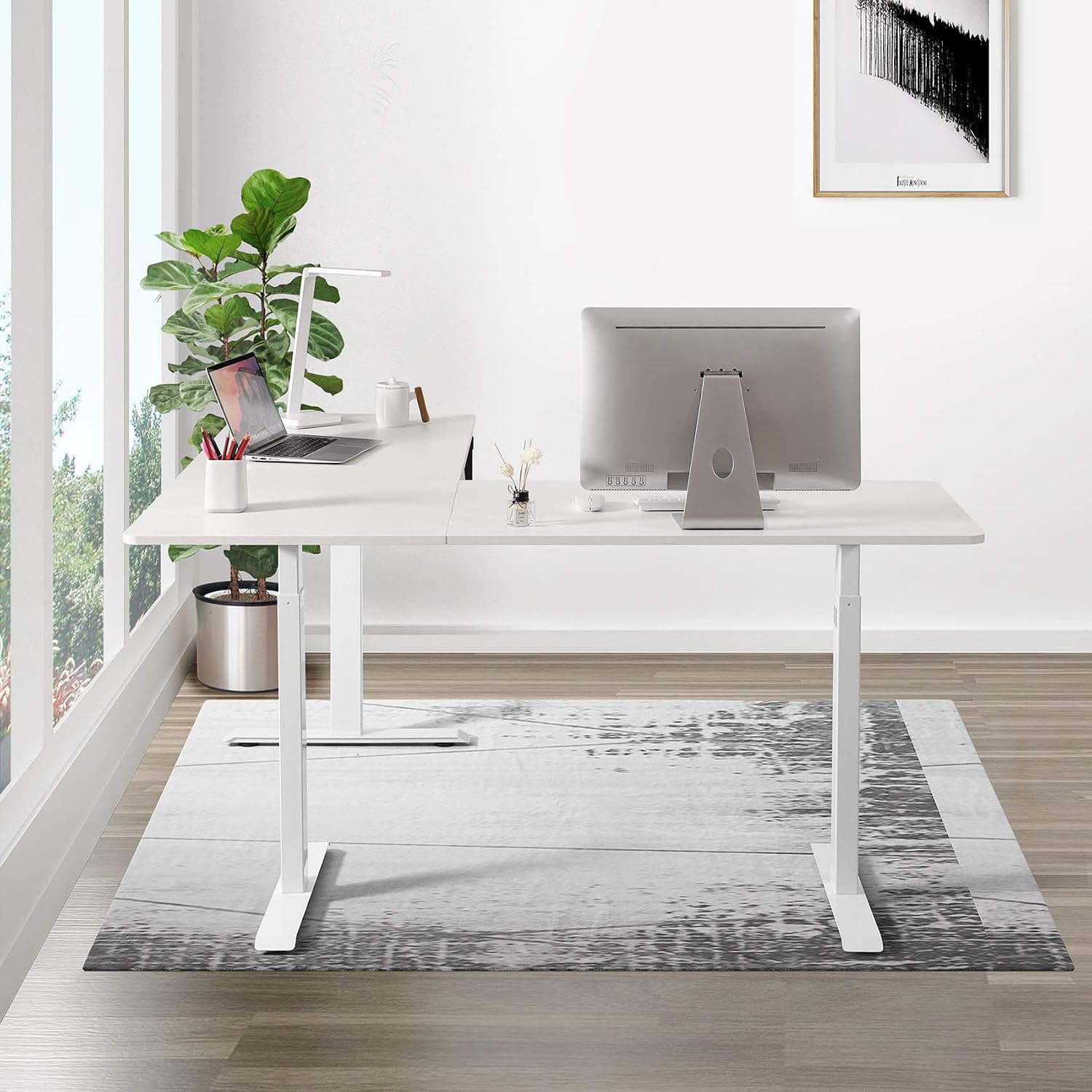 UNICOO – L Shaped Crank Height Adjustable Standing Desk, Sit to Stand up Corner Desk, L-Shaped Standing Workstation (White Frame/White Top - L Shape Crank)
