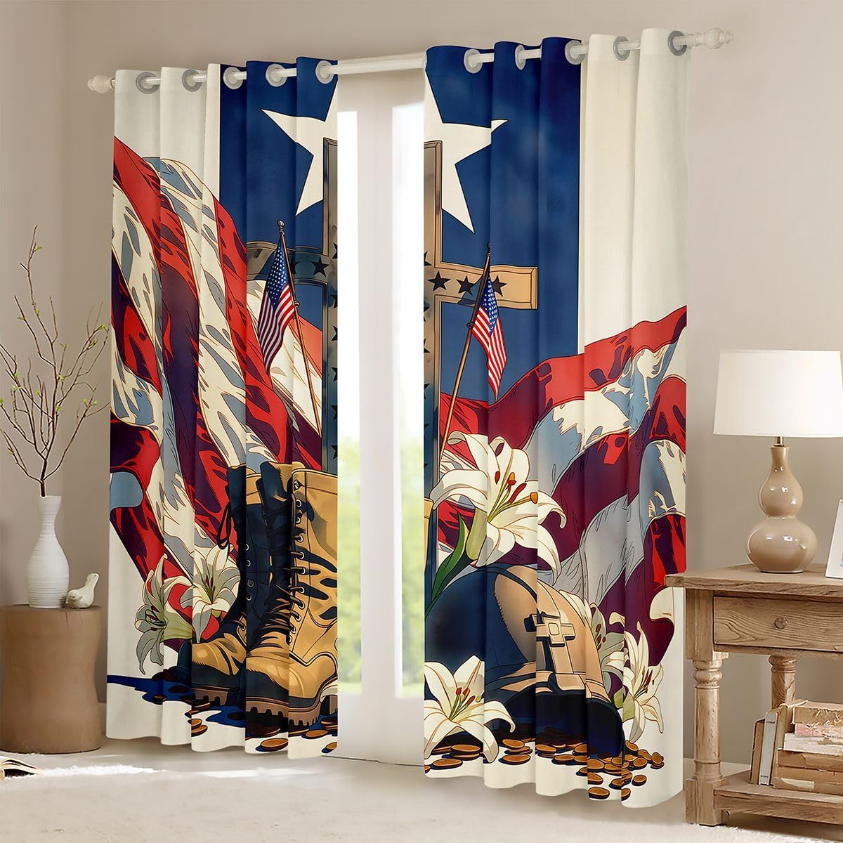 Castle Fairy American Flag Bedroom Curtains Retro Floral Bookshelf Window Drapes for Kids Independence Day Blackout Drapes Window Treatments Grommet Top 42Wx90L Inch 2 Panel Set,Red Brown