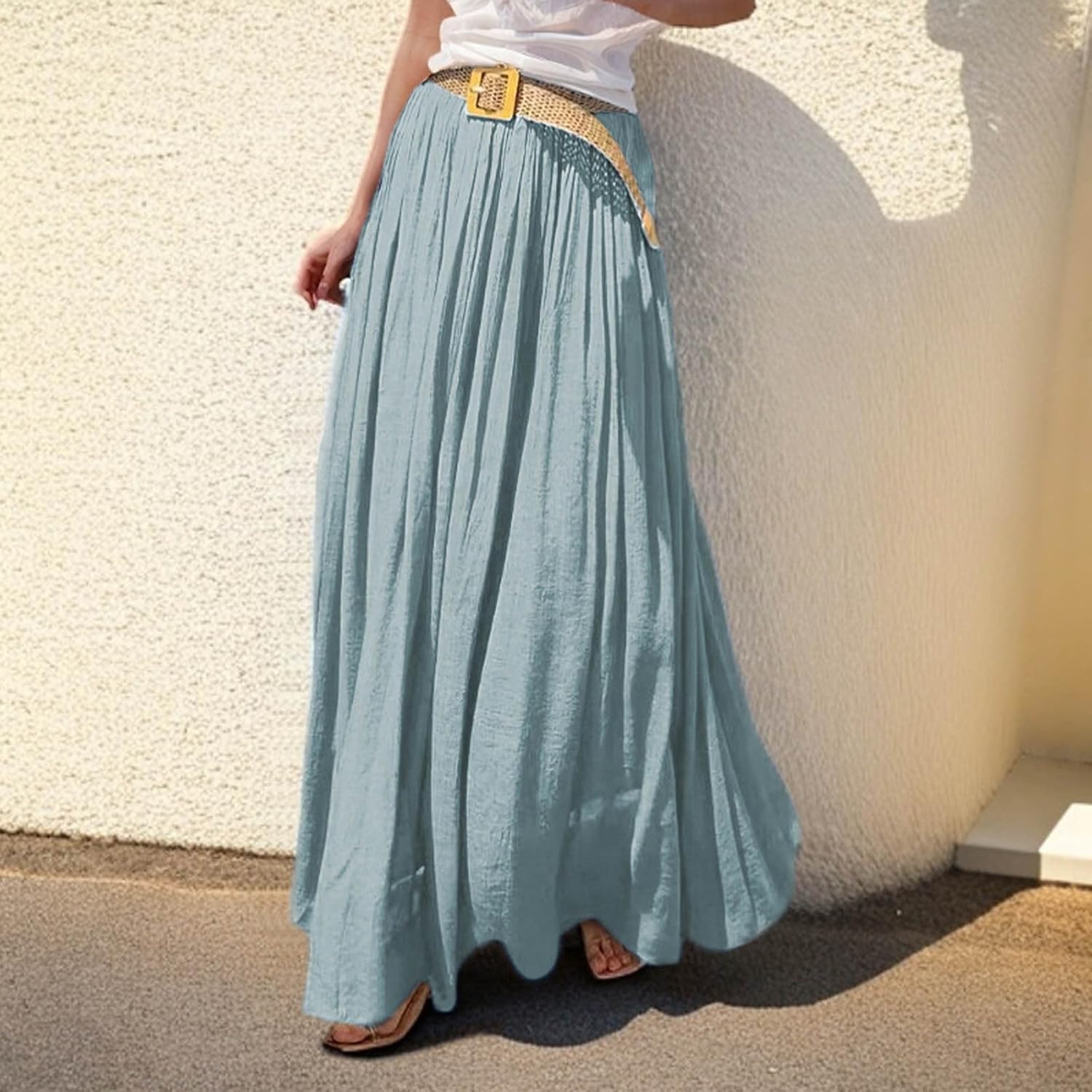 Summer Long Skirts for Women Casual Smocked Elastic Waist Maxi Skirt Flowy Solid Color Swing A-Line Boho Skirt