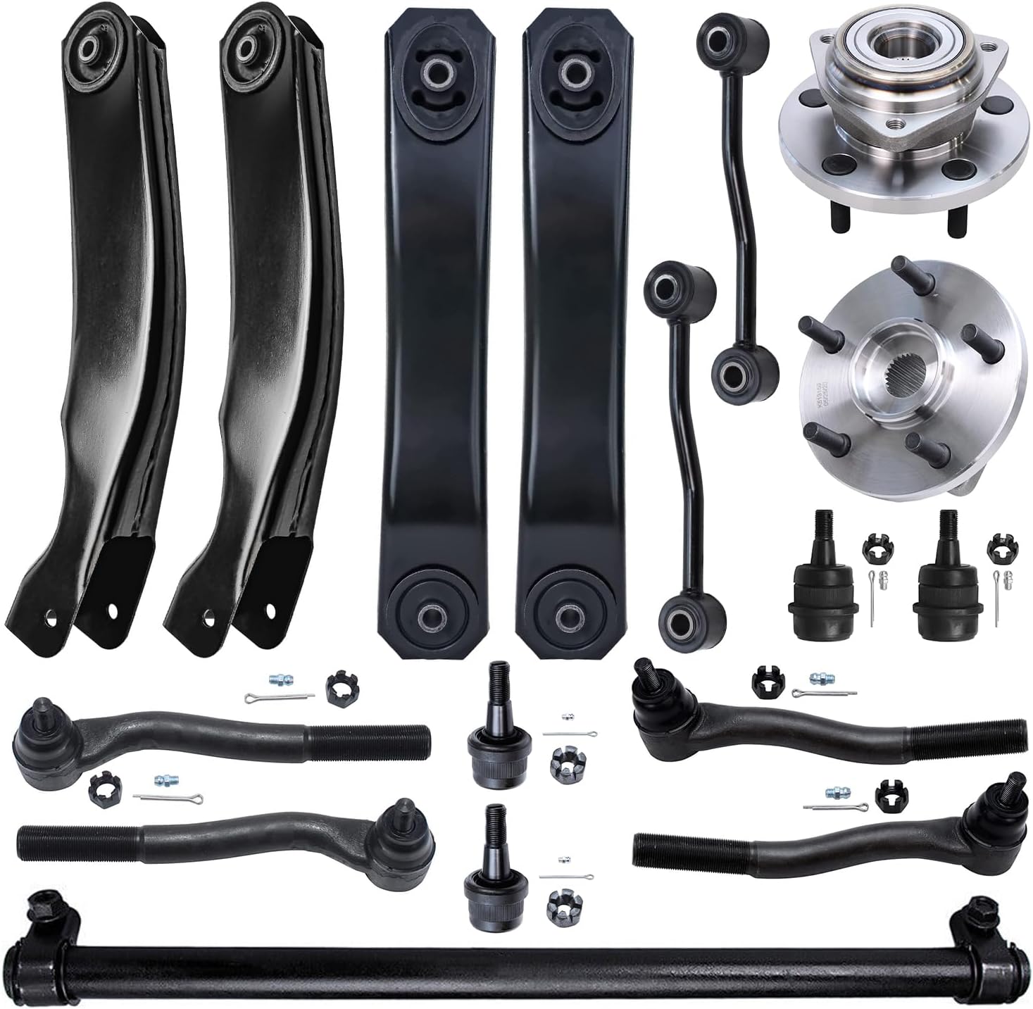 Detroit Axle - 17pc Front End Suspension Kit for Jeep Grand Cherokee 1999 2000 2001 2002 2003 2004, 2 Wheel Bearing Hubs 4 Control Arms 4 Ball Joints 4 Tie Rods 2 Sway Bars 1 Sleeves Replacement