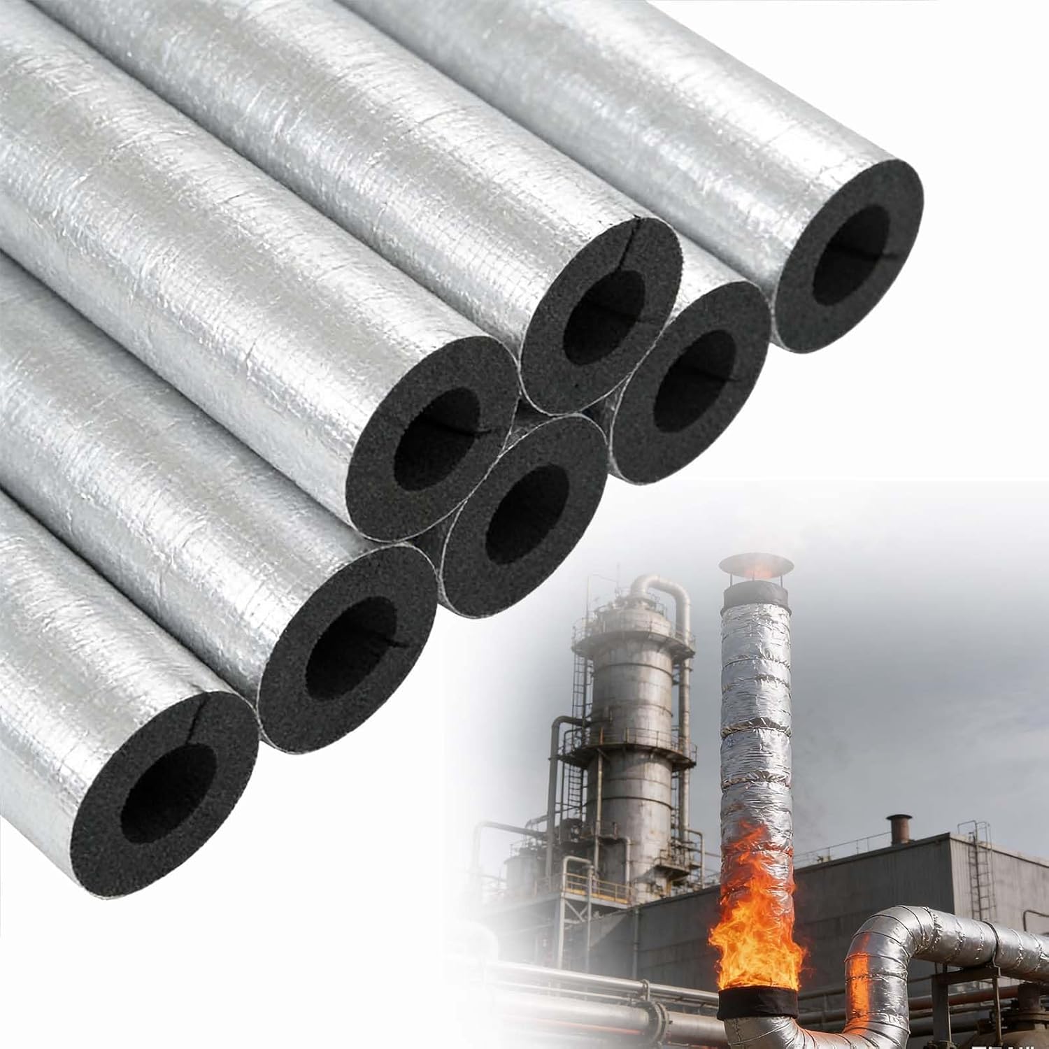 Silver，Lagging Wrap Industrial Covers，Heat Preservation for Pipe Insulation，Aluminium Foil Self-Adhesive Foam Tube，Aluminum foil Insulation Pipe(ID89mmxT20mmx0.95m)