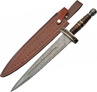 SANZ Damascus Steel Short Sword – Gladius Roman Sword with Steel Blade, Wood/Brass Handle for Reenactment & Durable Leather Sheath for Reenactment, Display & Collectors