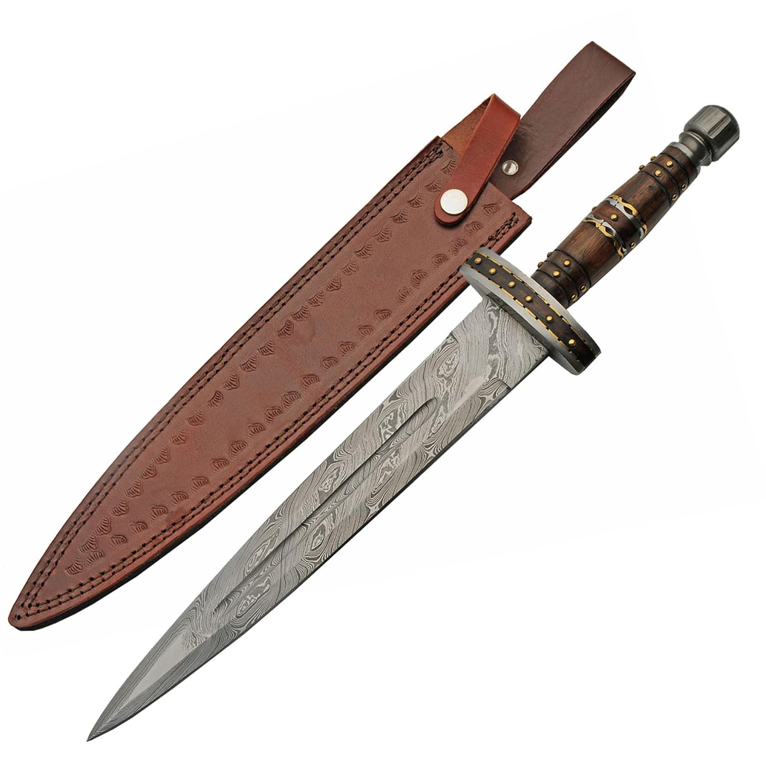 SANZ Damascus Steel Short Sword – Gladius Roman Sword with Steel Blade, Wood/Brass Handle for Reenactment & Durable Leather Sheath for Reenactment, Display & Collectors