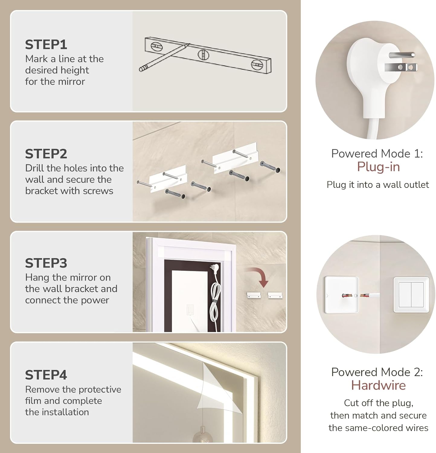 USHOWER LED Bathroom Mirror 40x24 Inch with Lights - Frameless Tempered Glass LED Backlit Lighted Mirror for Bathroom Vanity with Anti-Fog, 3 Colors Dimmable, Memory Function, Wall-Mounted