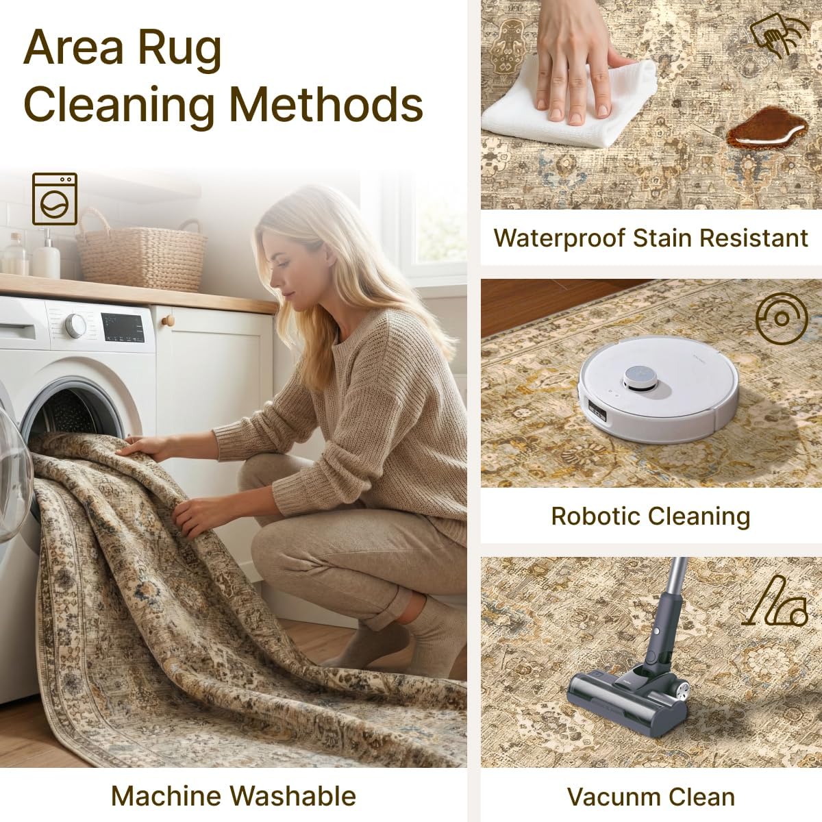 Washable 2x3 Area Rugs - Boho Rugs for Living Room Stain Resistant Carpet Vintage Rugs for Bedroom Kitchen Bathroom with Non Slip Backing Home Decor Floor Decoration Mat 2x3, Gold Brown