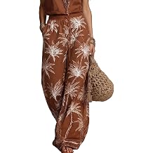 stylewe Linen Pants for Women Printed Wide Leg Trousers with Pockets