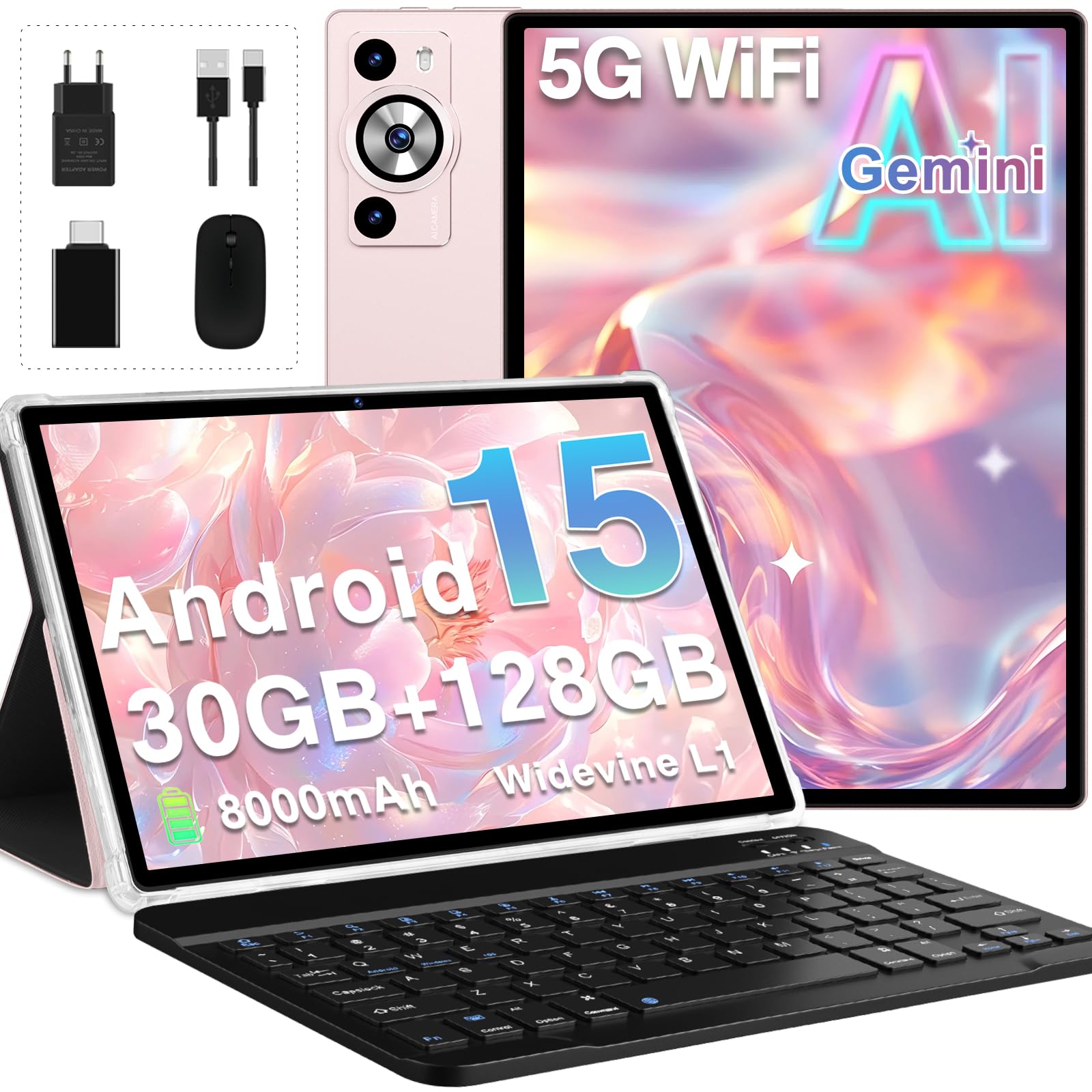 2026 Tablet Android 15 Gemini AI, 30GB RAM+128GB ROM/2TB Tablet 10 Pollici, 8000mAh, 5G WiFi, Corpo Metallico, Unisoc Octa Core/5+8MP/Widevine L1/Face ID/BT5.0/GPS Tablets con Tastiera e Mouse - Oro