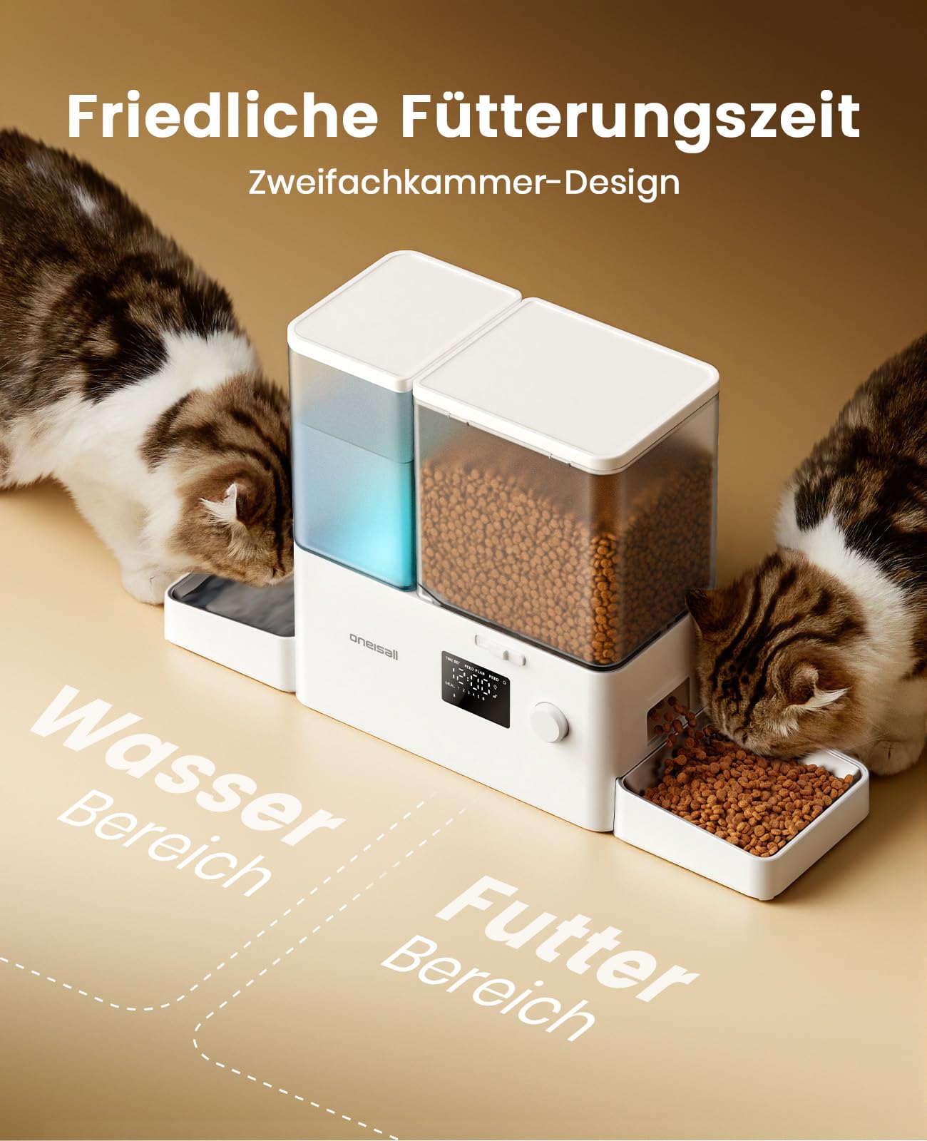 oneisall Futterautomat Katze und Trinkbrunnen 2-in-1, 8,5L/1-36 Portionen, 5L Futterspender mit 3,5L Katzenbrunnen, 2 Edelstahlschalen, Einfache Installation und Reinigung, für Katzen, BPA-frei