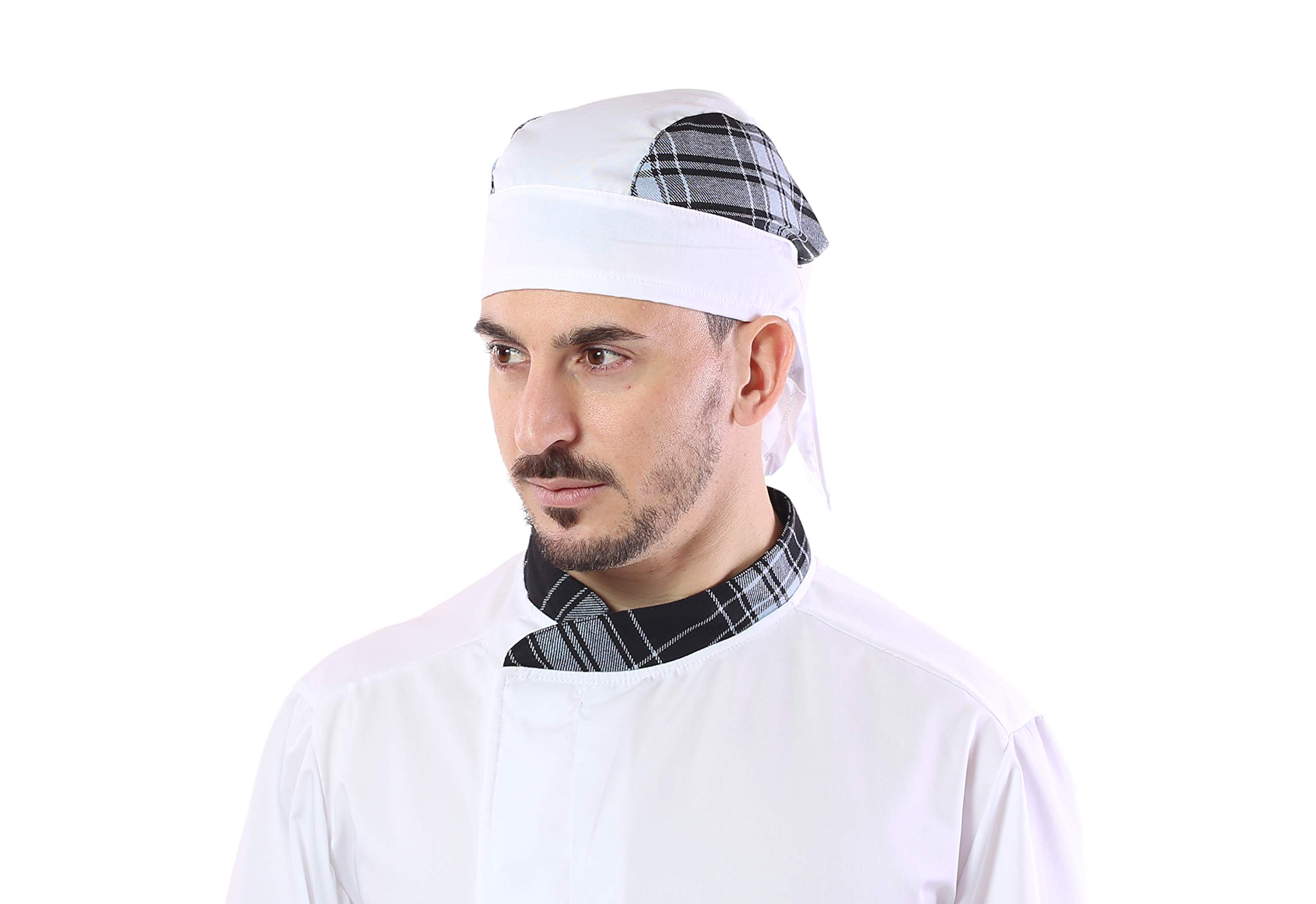 Bordado gratuito – Juego de cocinero y chef blanco – Escocia – para hombre – 4 unidades – Chaqueta, Pantalón, Davantino y Bandana – uniforme para cocina y restaurante – Fabricado en