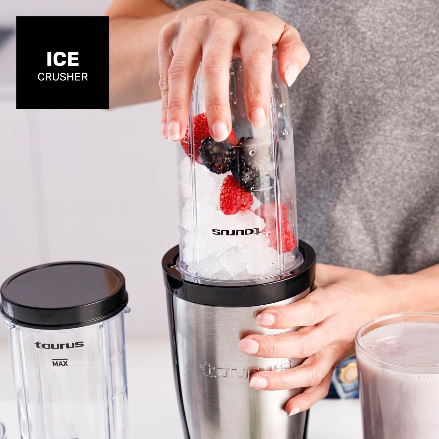 Taurus Shake & Go Mix – Mini batidora portátil de 1000W con vaso de 500 ml portatil | 6 cuchillas de acero inoxidable | Tritura hielo y fruta congelada | Pulse Technology | Incluye tapas