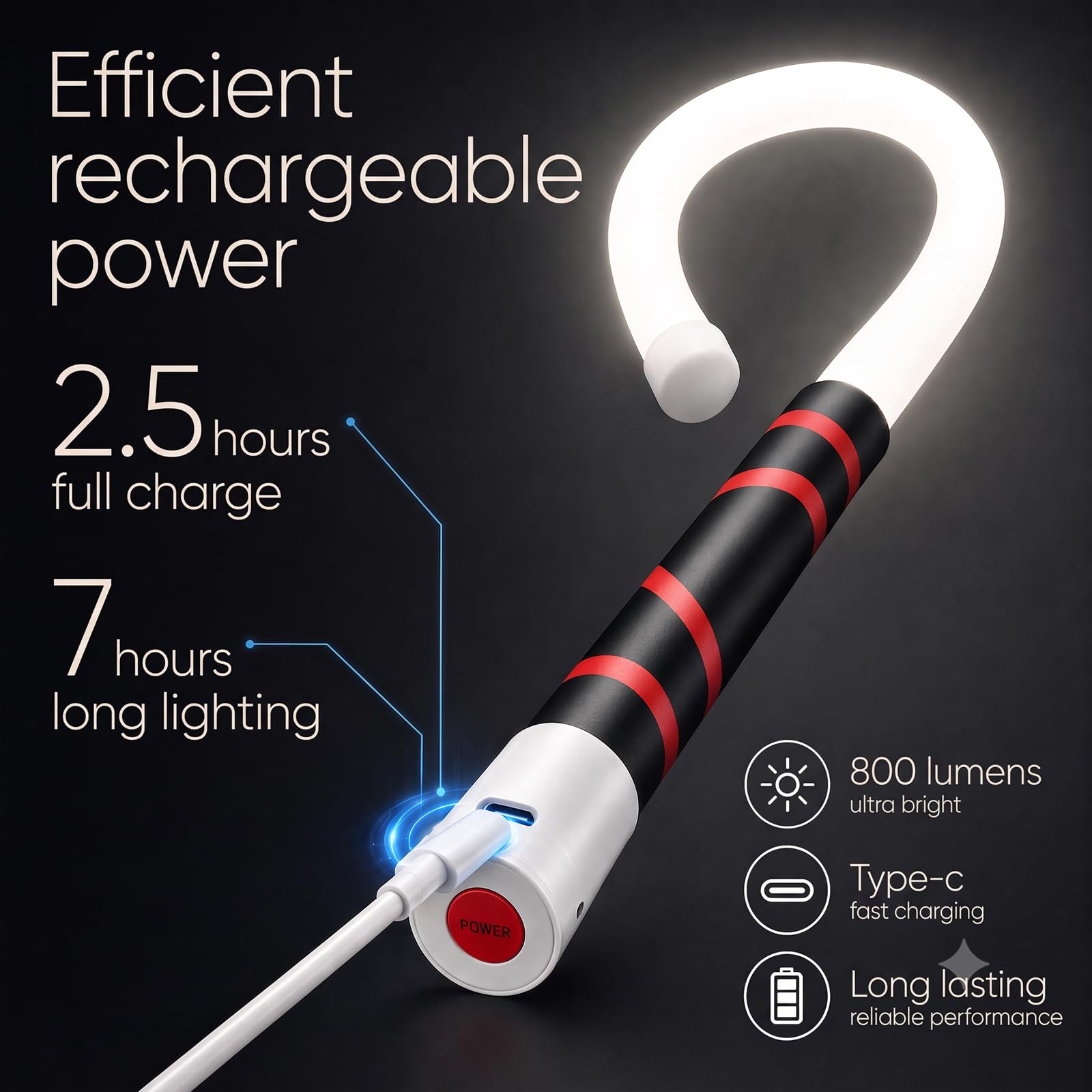 Lampada da lavoro a LED con batteria, 3 livelli di luminosità, impermeabile, 73 cm, flessibile a collo di cigno, lampada da officina, ricaricabile tramite USB, per riparazioni auto, campeggio