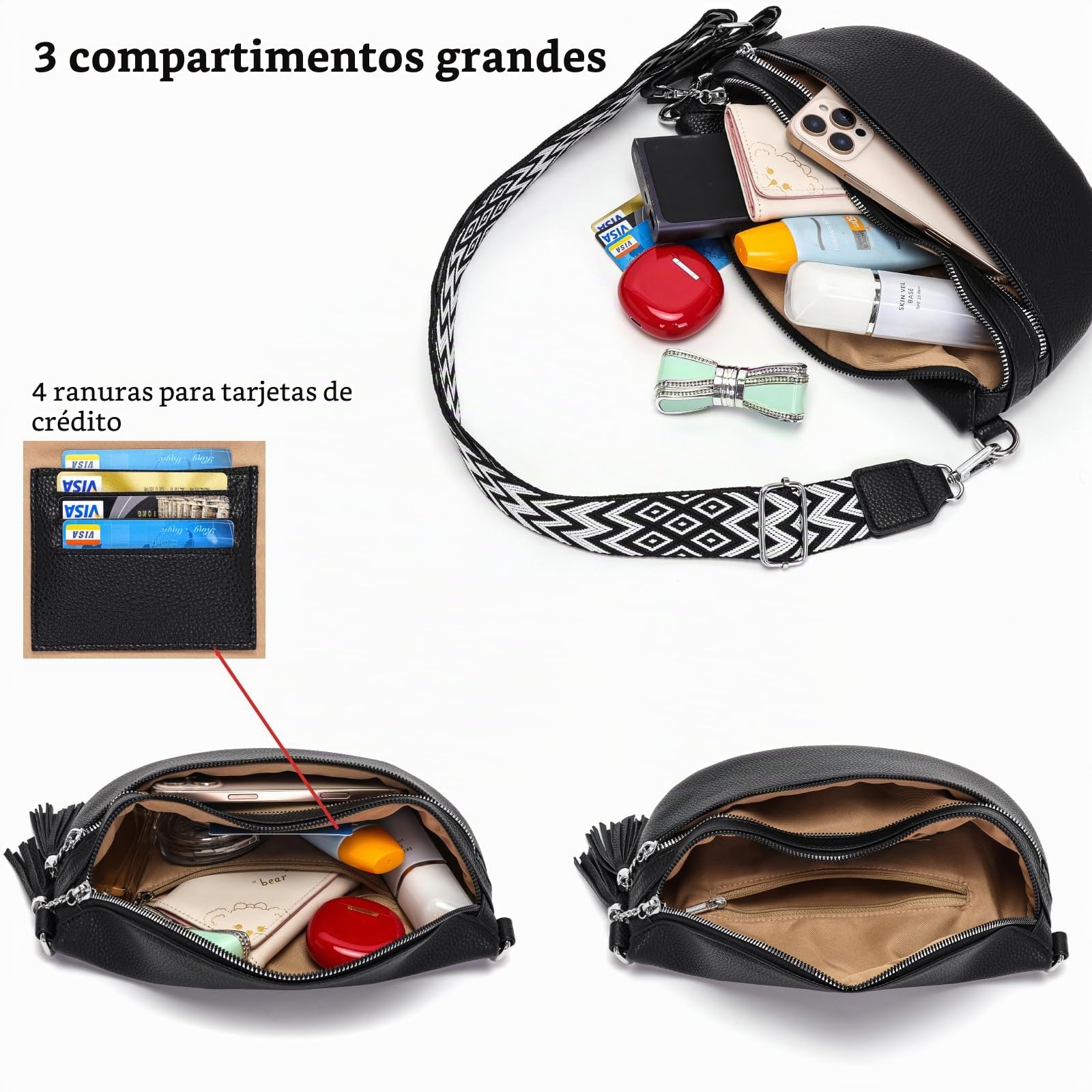 LANXINGLUO bolso riñonera mujer bolso bandolera mujer Con compartimento para tarjetas de crédito y 2 correas para el hombro negro